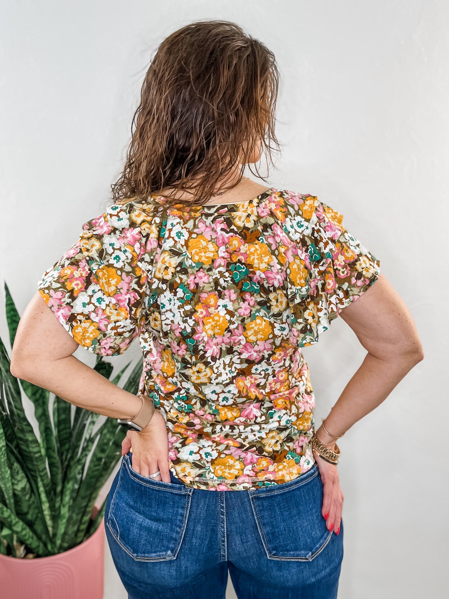 Floral Ruffle Sleeve Knit Top