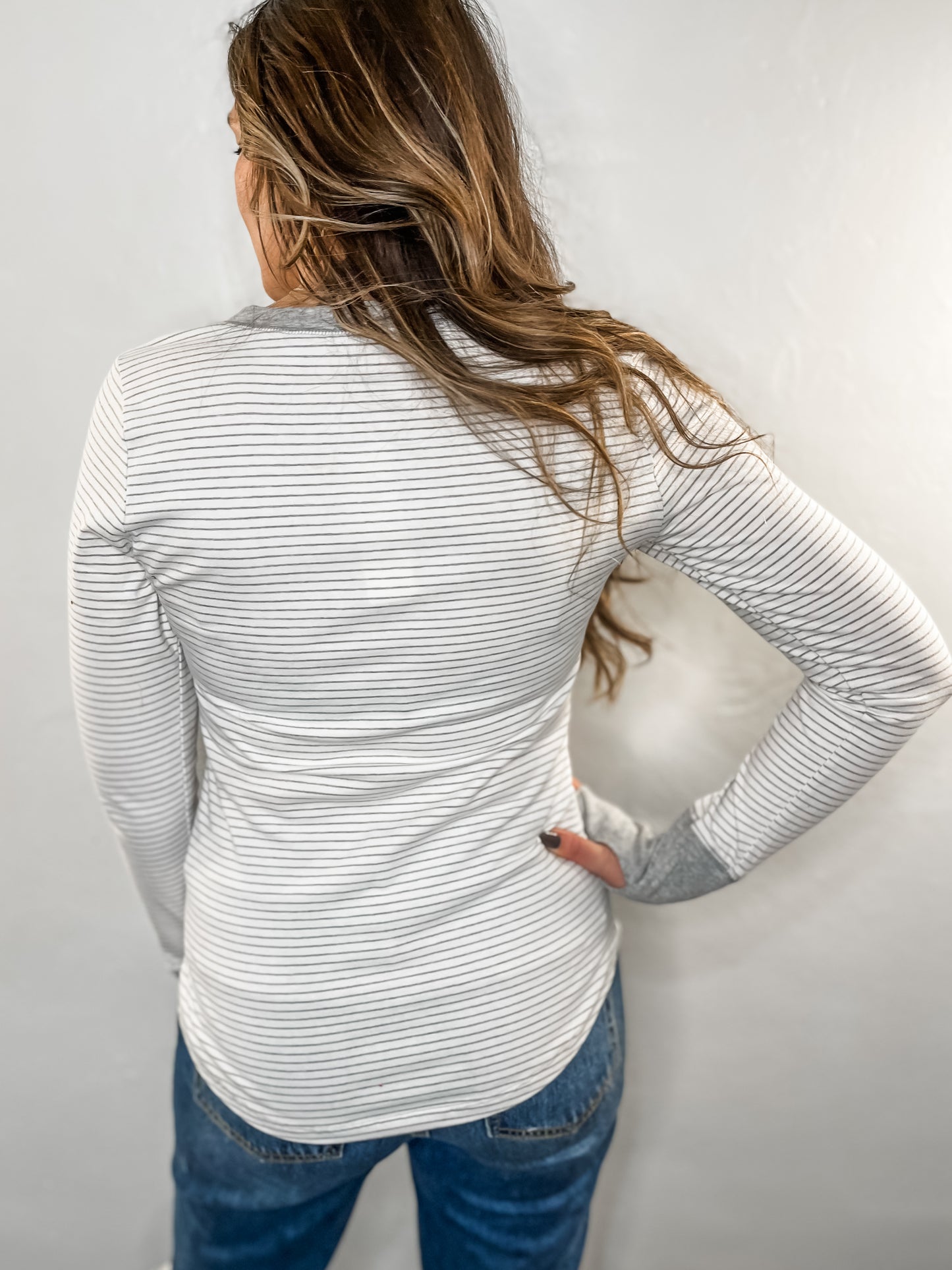 Grey & White Stripe Ruffled Henley