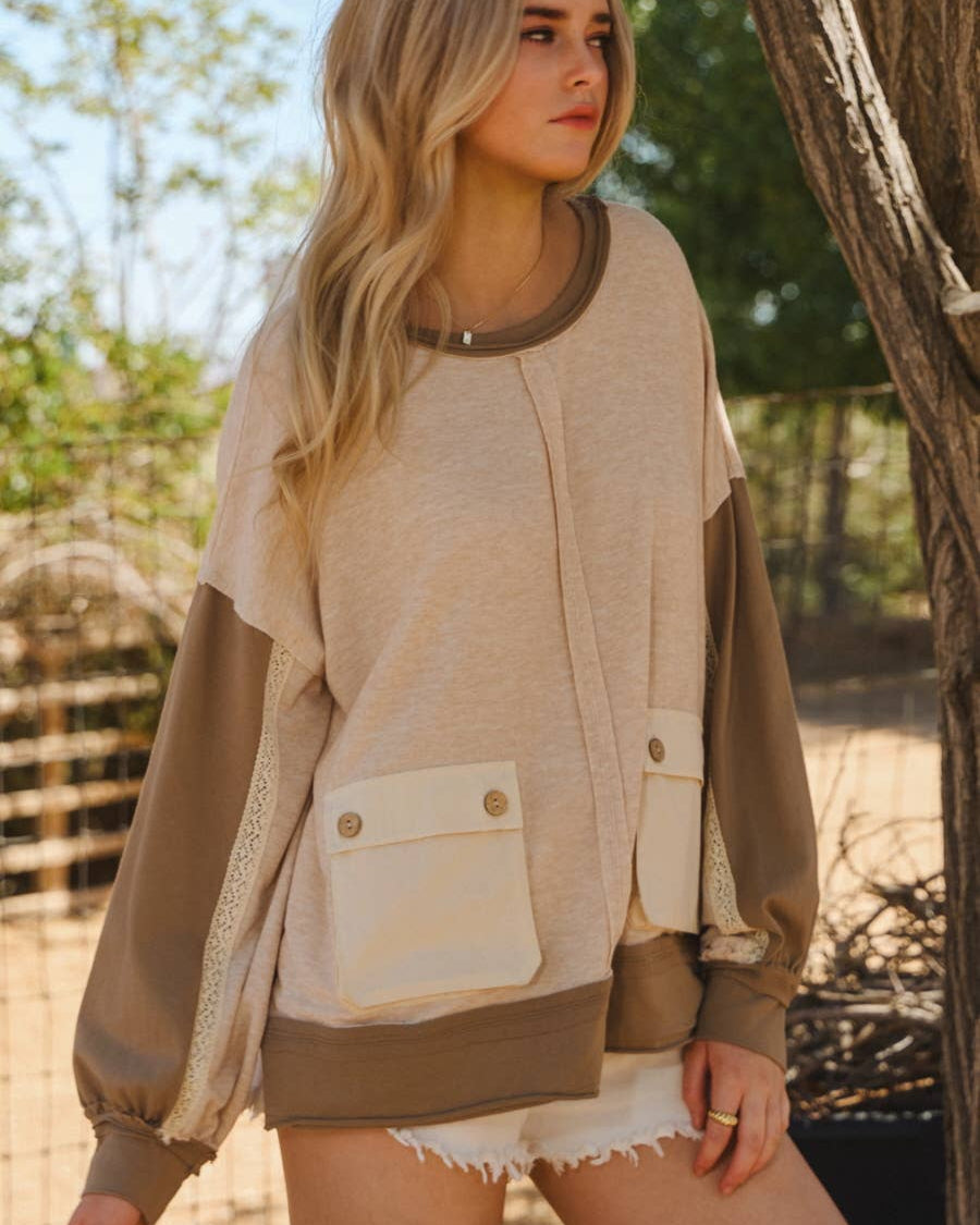 Tan Color Block w/ lace Sweatshirt