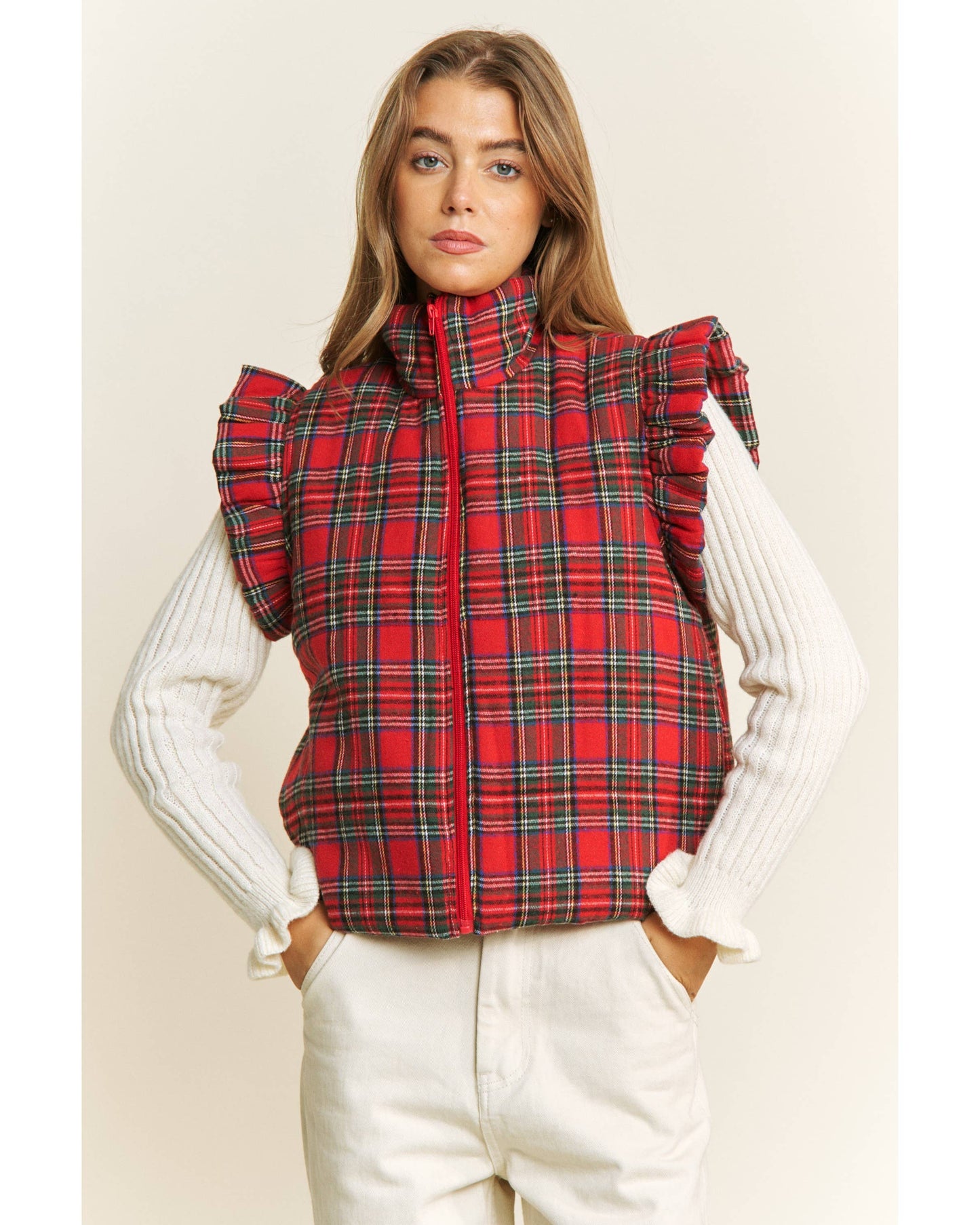 TARTAN RUFFLED PLAID PUFFER ZIP UP VEST