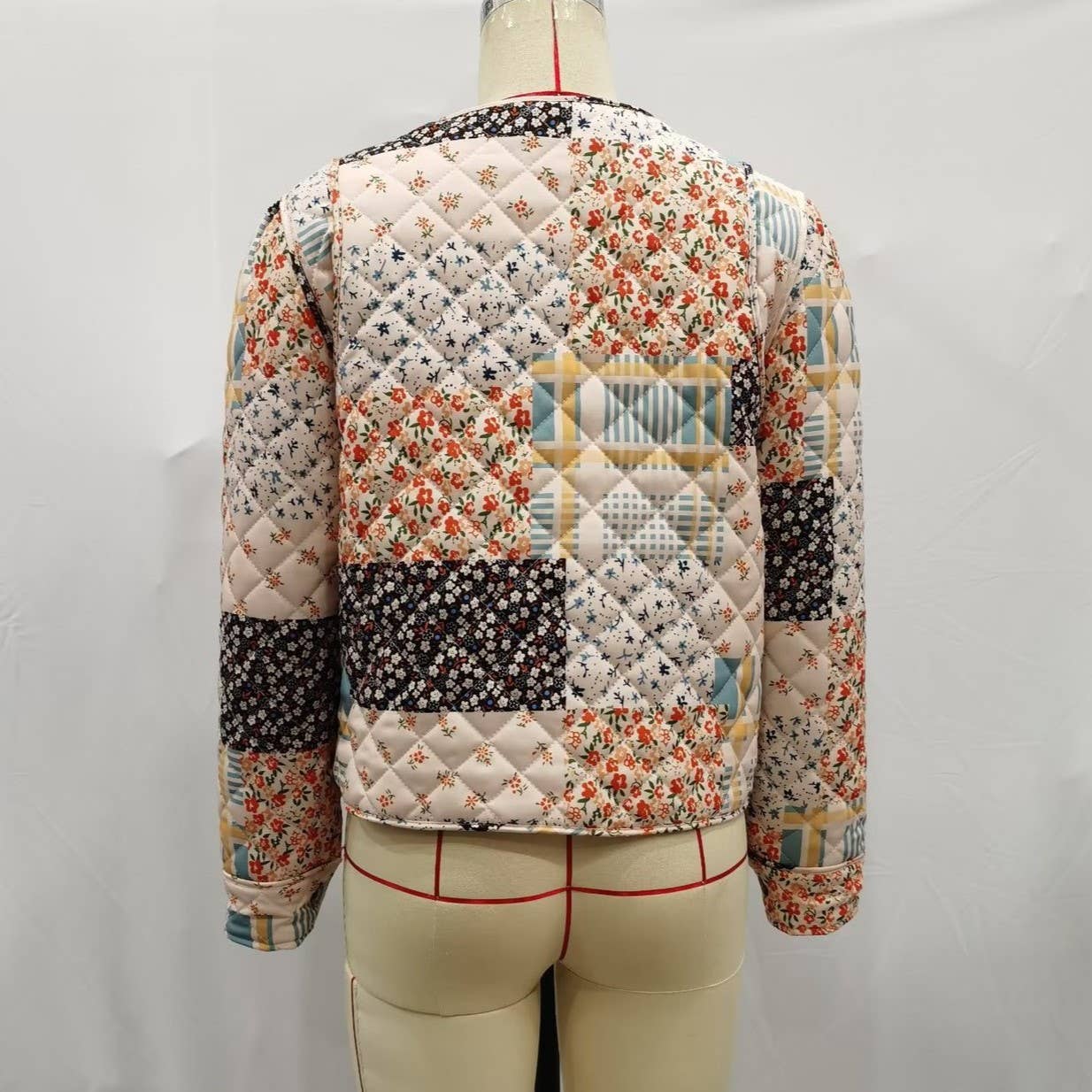 Soft Floral Color Blocks Print Quilted Jacket