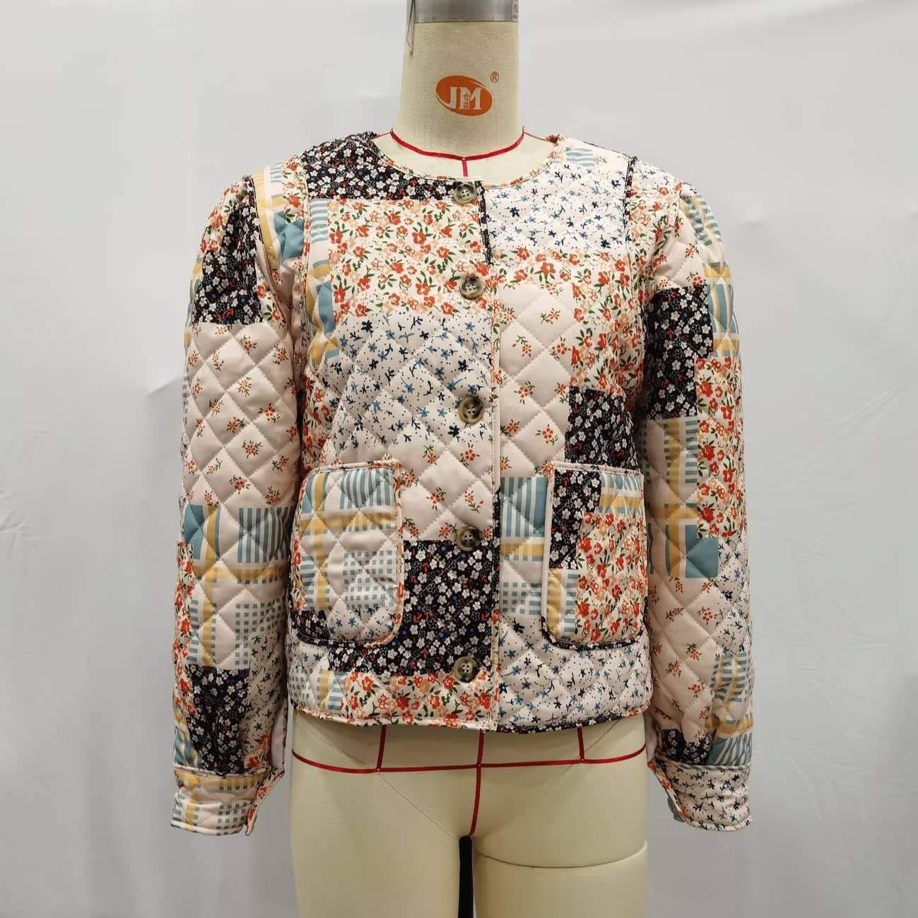 Soft Floral Color Blocks Print Quilted Jacket
