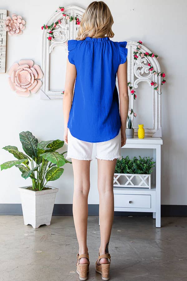 Ruffle Neck Sleeveless Cotton Blouse