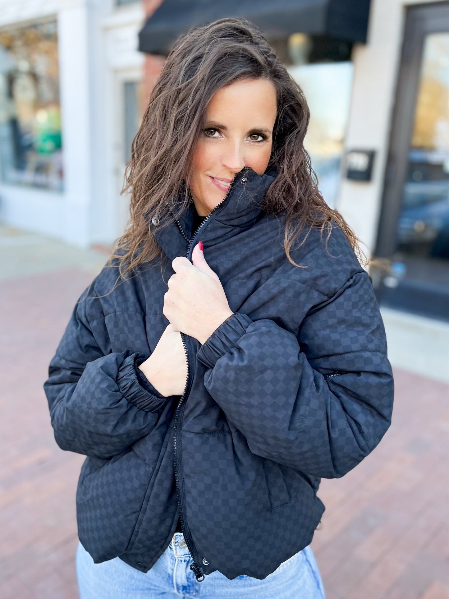Black Checkered Puffer Coat