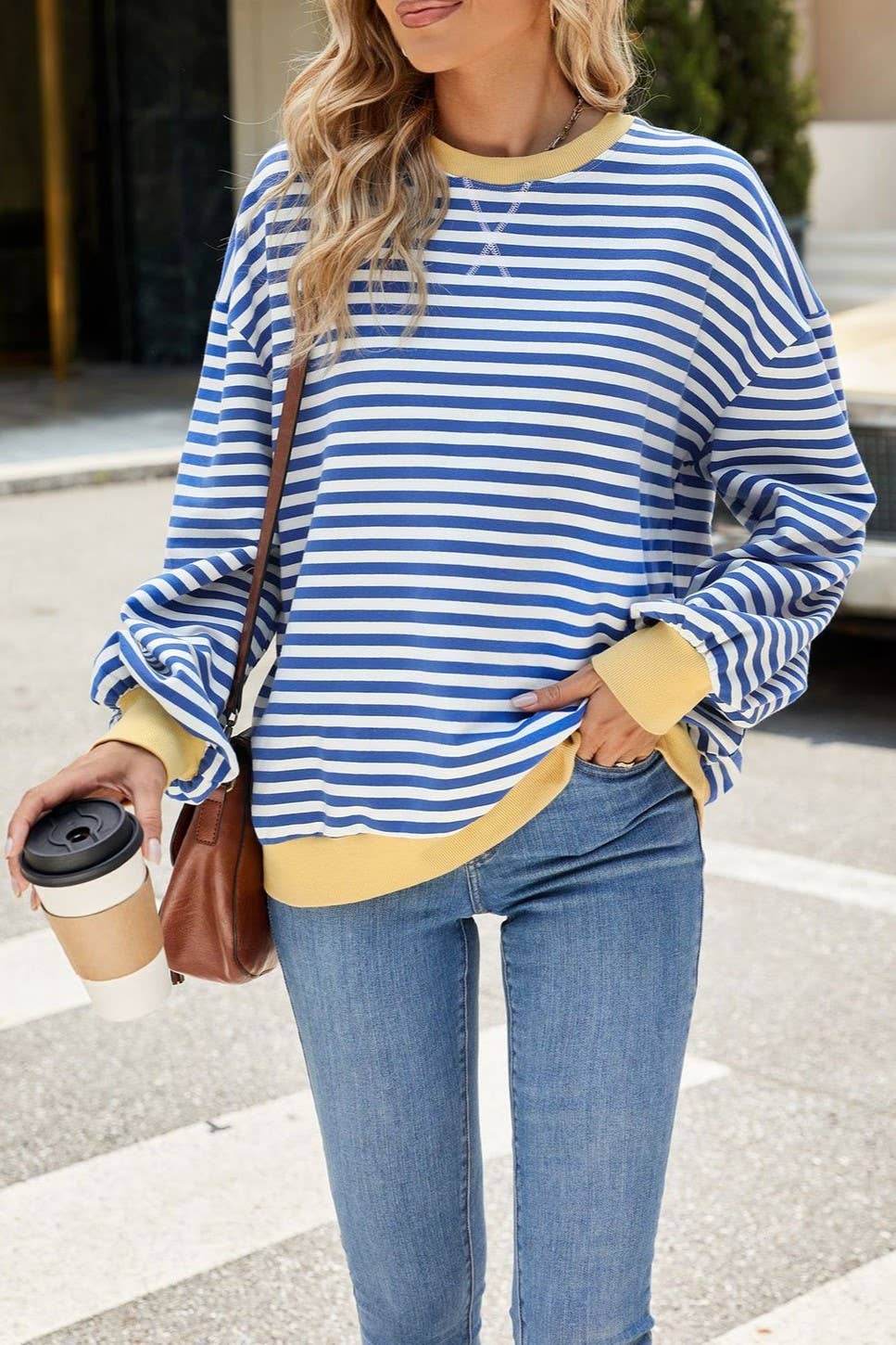 Royal Blue Striped Oversized Crewneck Sweatshirt