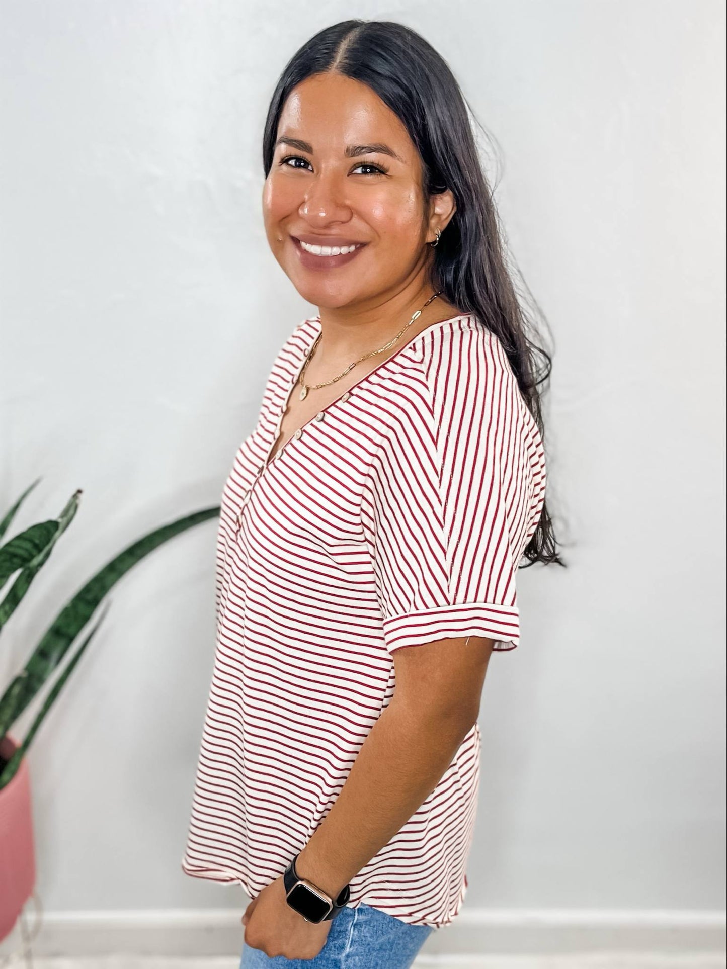Ivory & Red Stripe Button Top