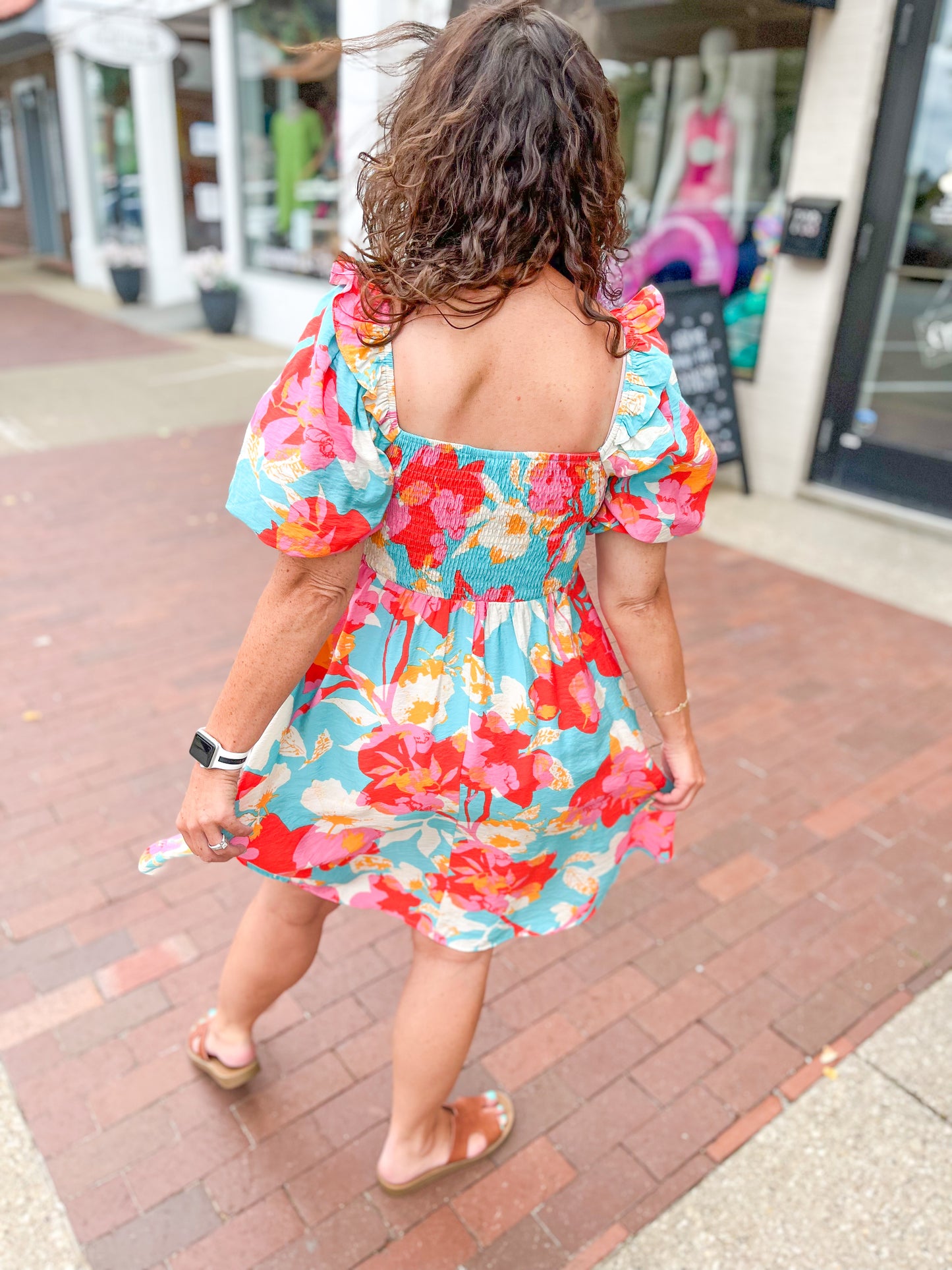 Aqua Floral Printed Puff Sleeve Mini Dress