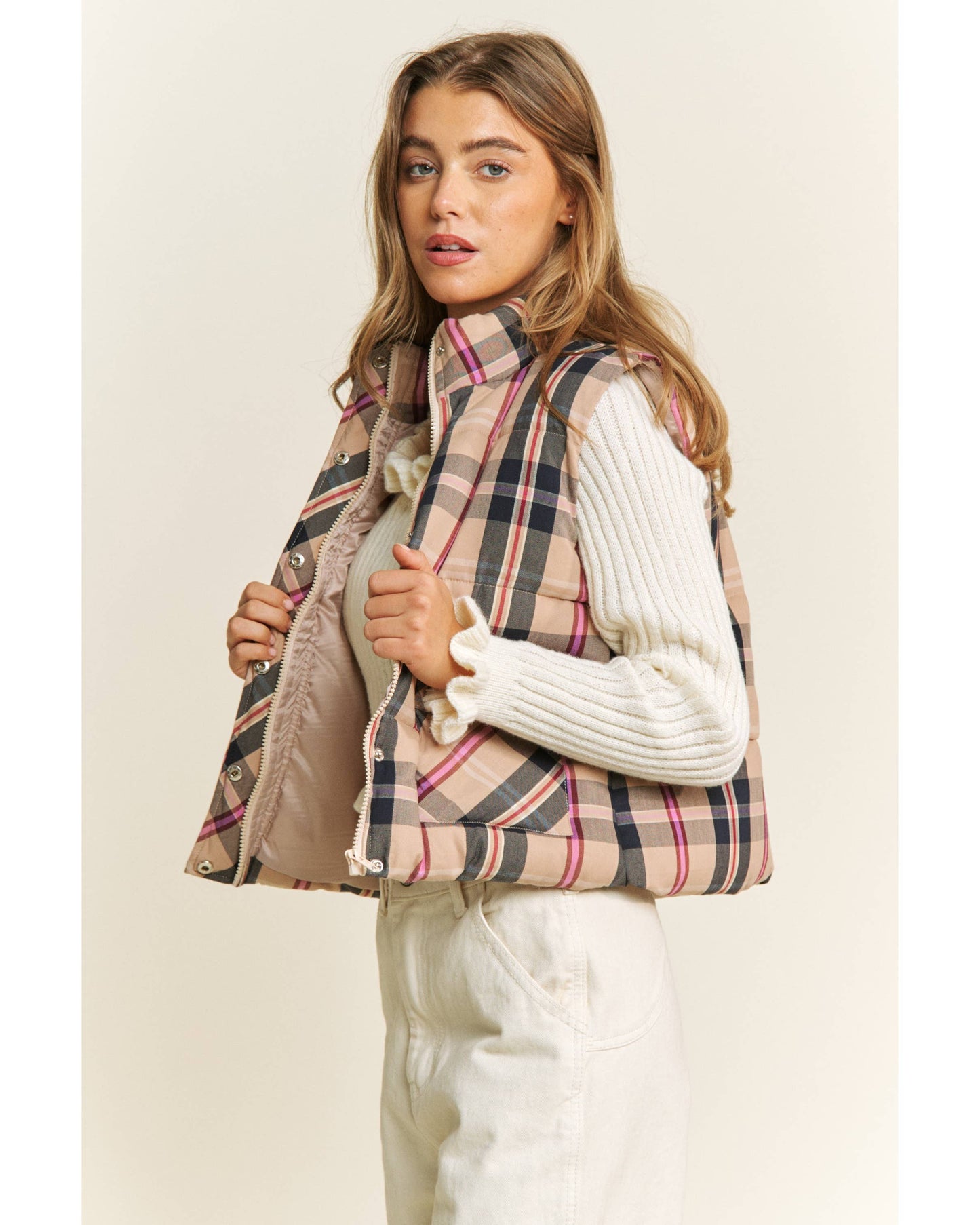 CROP PLAID HIGH NECK OPEN FRONT PUFFER VEST