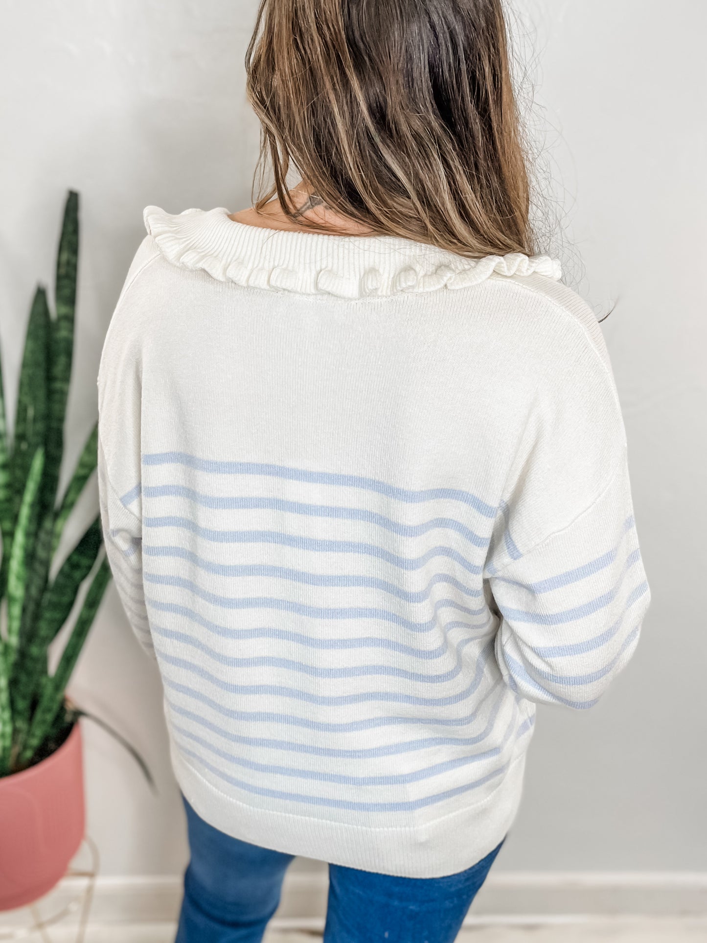 Light Blue Stripe Collard Knit Sweater