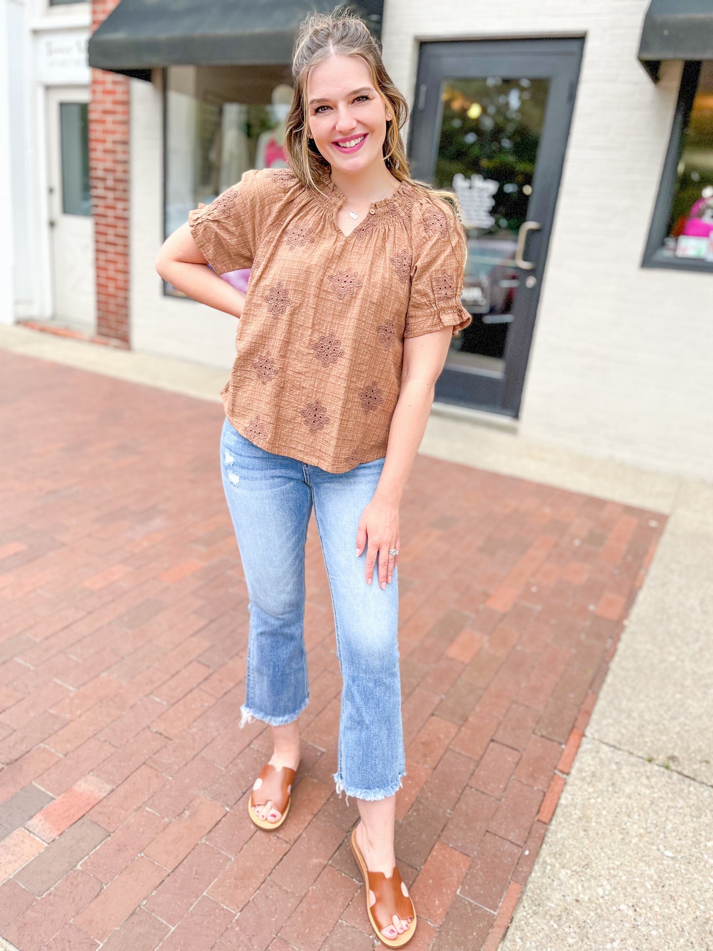Latte Smocked Eyelet Woven Top