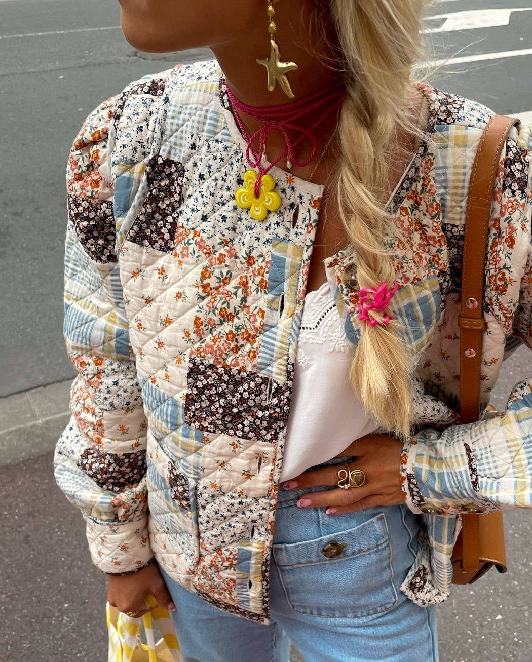 Soft Floral Color Blocks Print Quilted Jacket