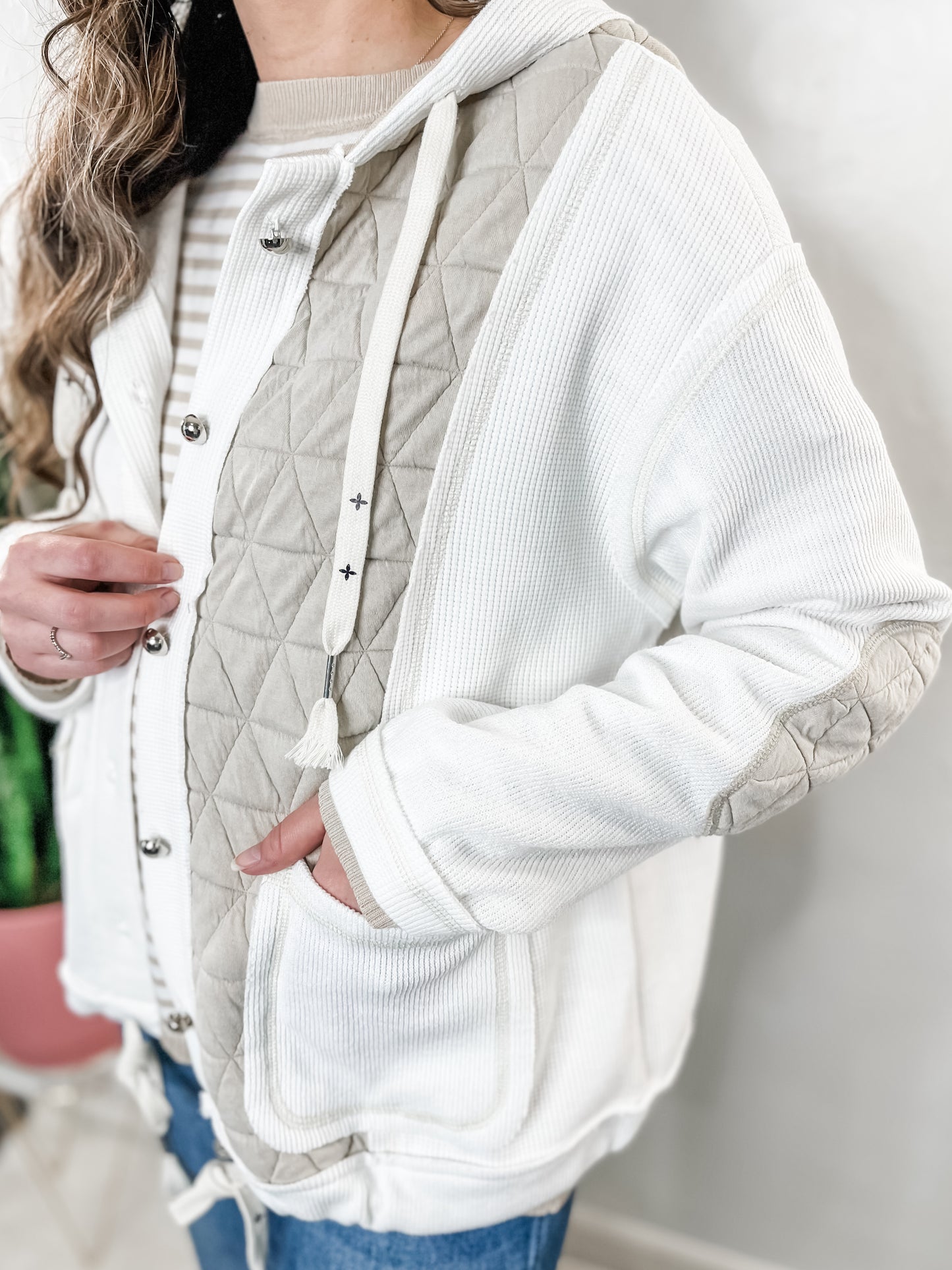 White & Beige Textured Patchwork Jacket