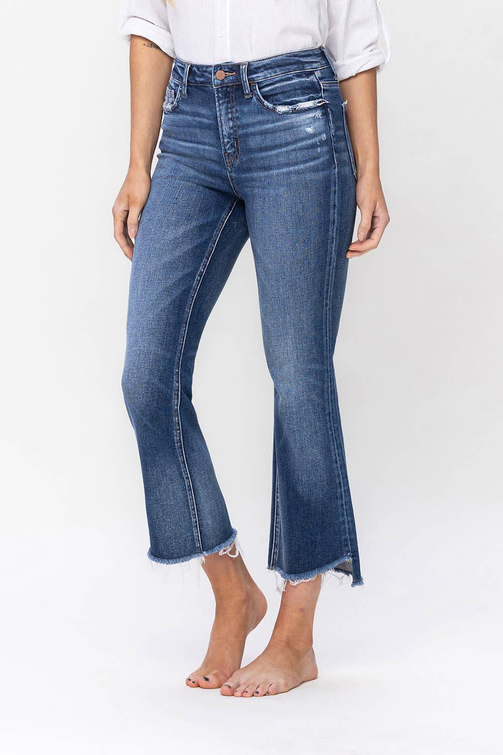 Flying Monkey High Rise Raw Step Hem Crop Flare Jean