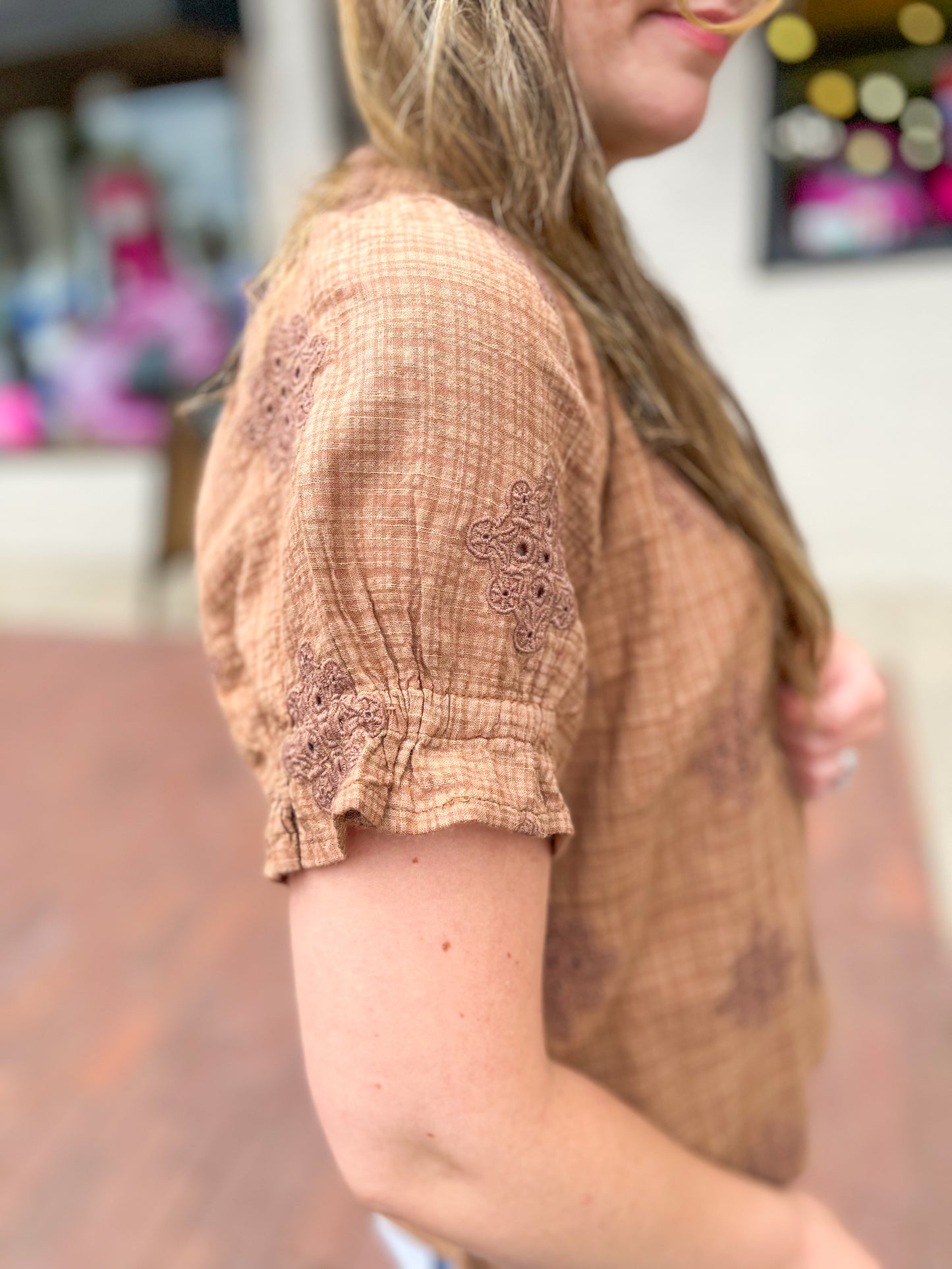 Latte Smocked Eyelet Woven Top