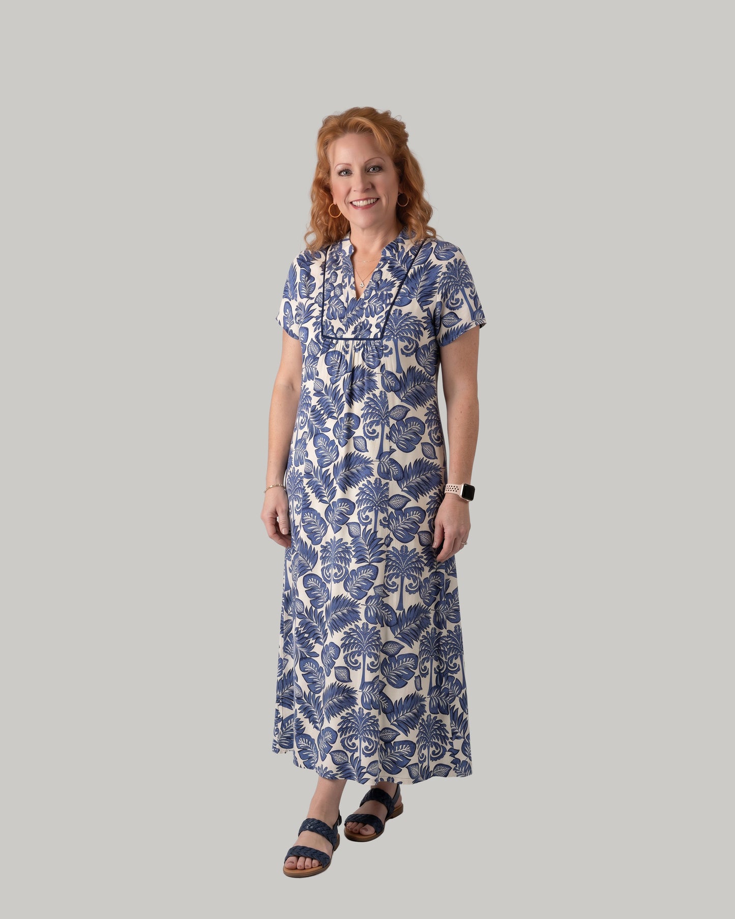 Blue Tropical Floral Puff Sleeve Dress