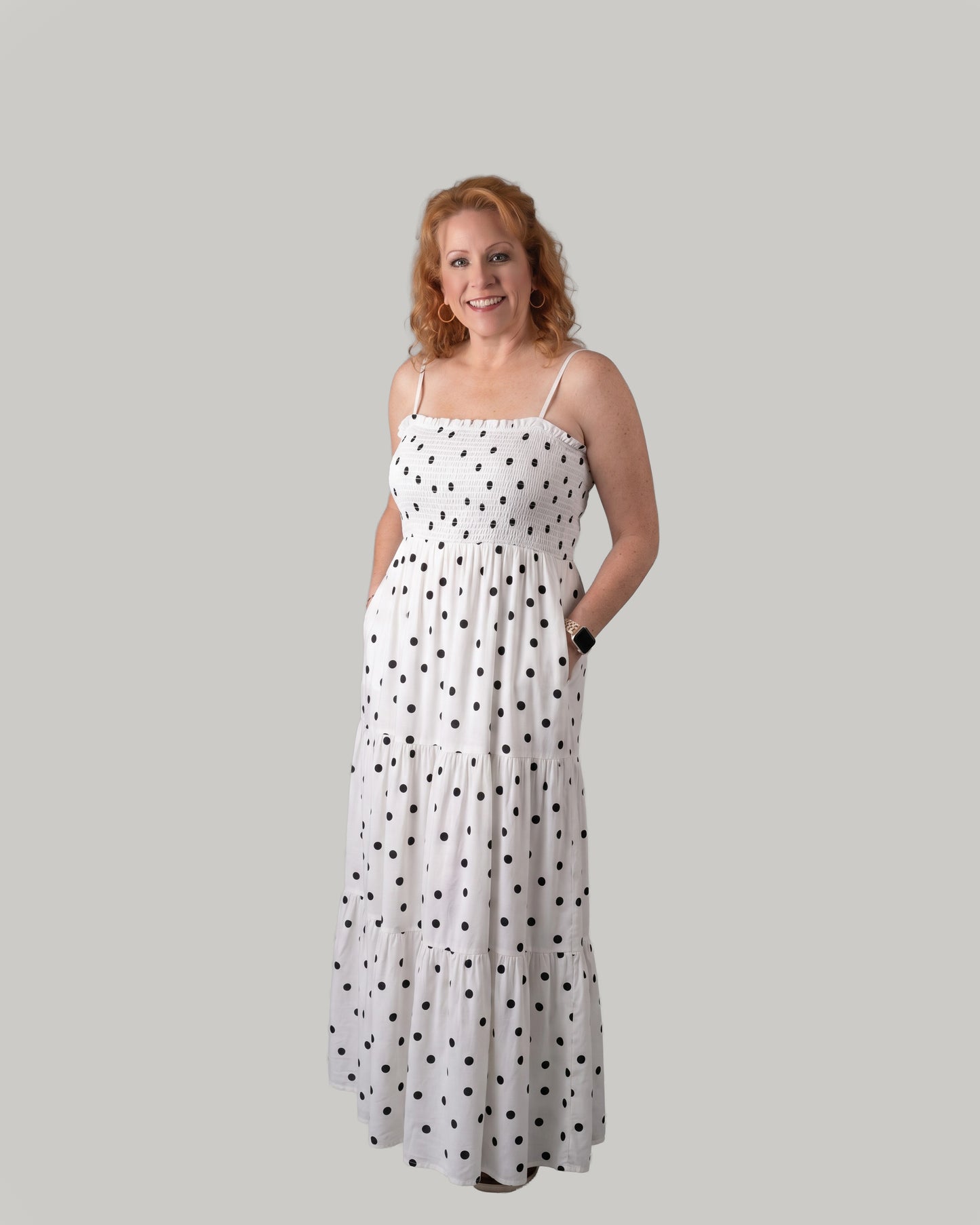 Polka Dot Smocked Bodice Maxi Dress