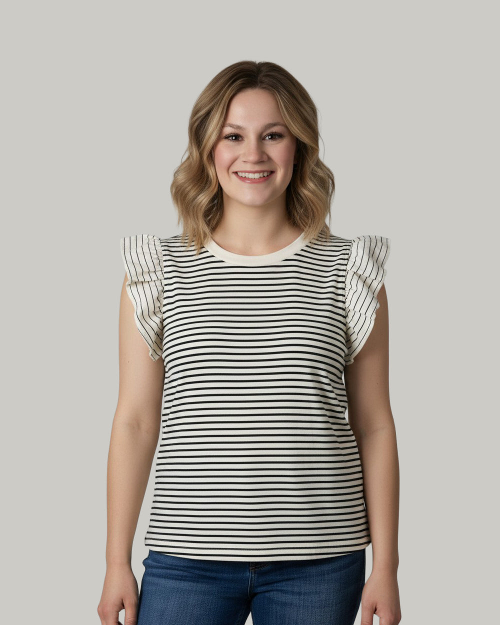 Striped Top with Contrast Ruffle Sleeve Top