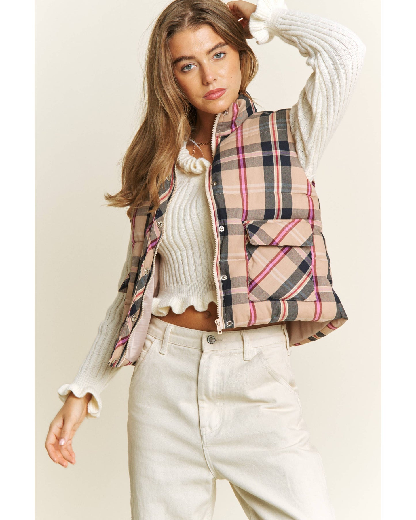 CROP PLAID HIGH NECK OPEN FRONT PUFFER VEST