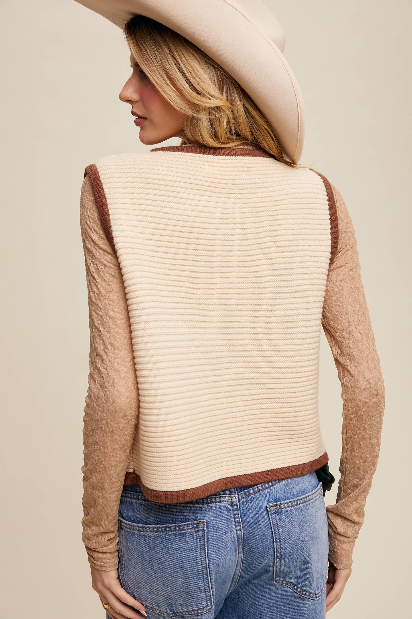 Two-Tone Tie Front Knit Vest
