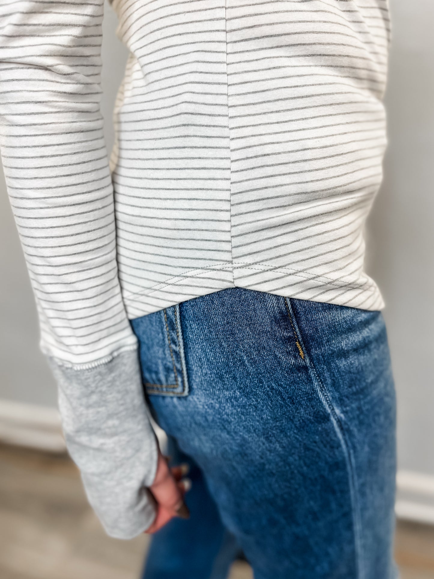 Grey & White Stripe Ruffled Henley