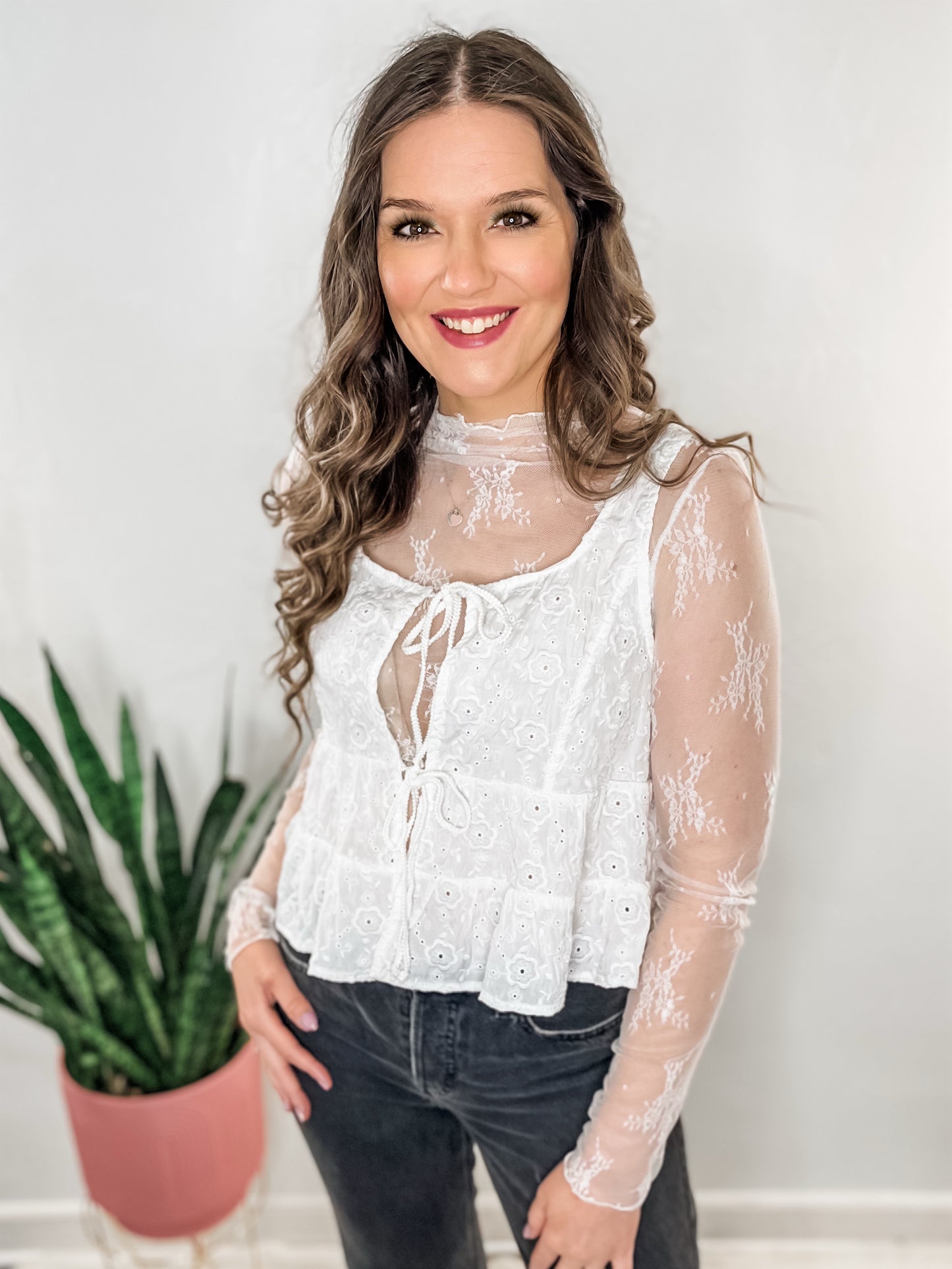 White Eyelet Tie Front Blouse