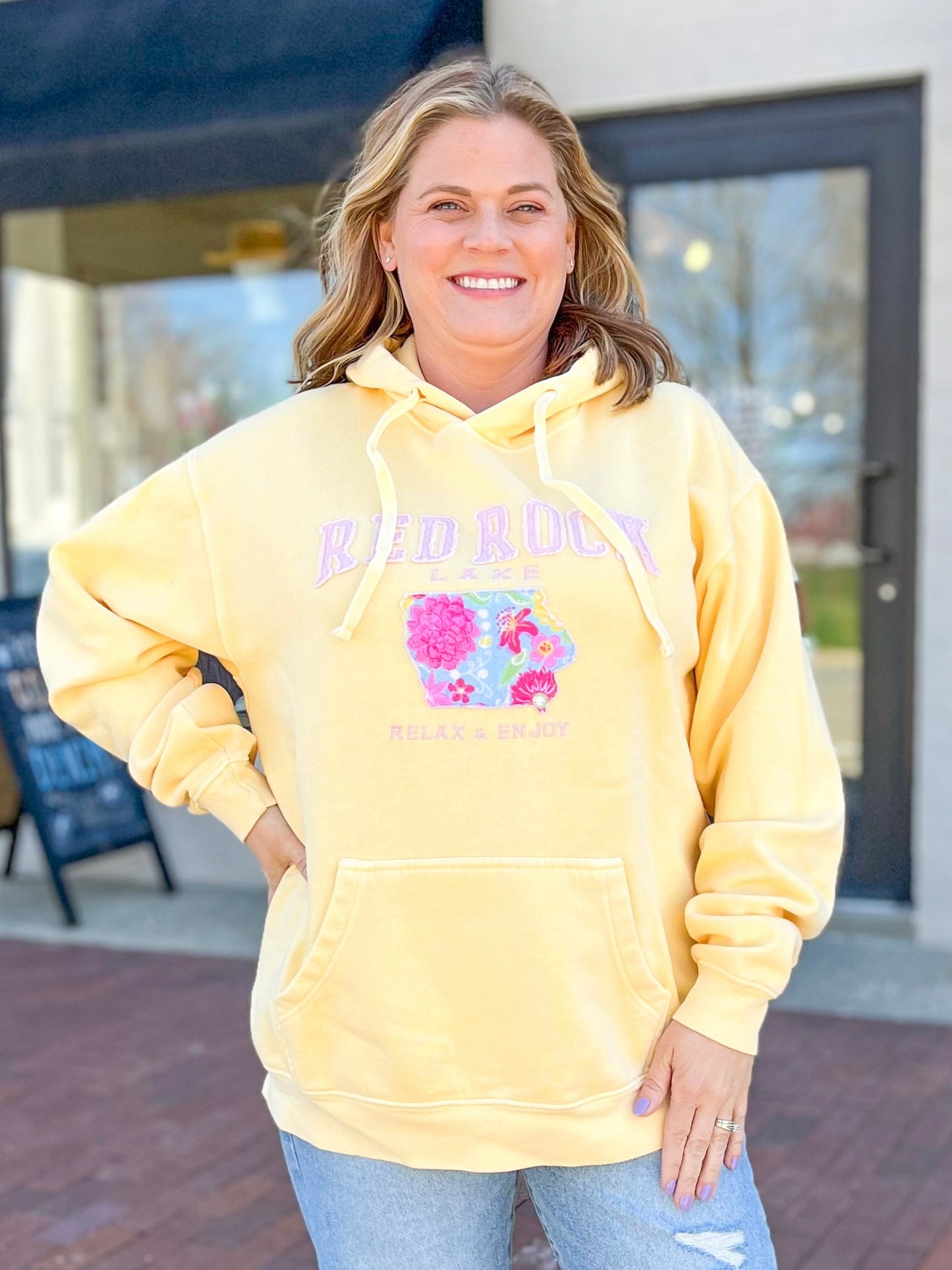 Light Yellow Iowa Applique Red Rock Hoodie