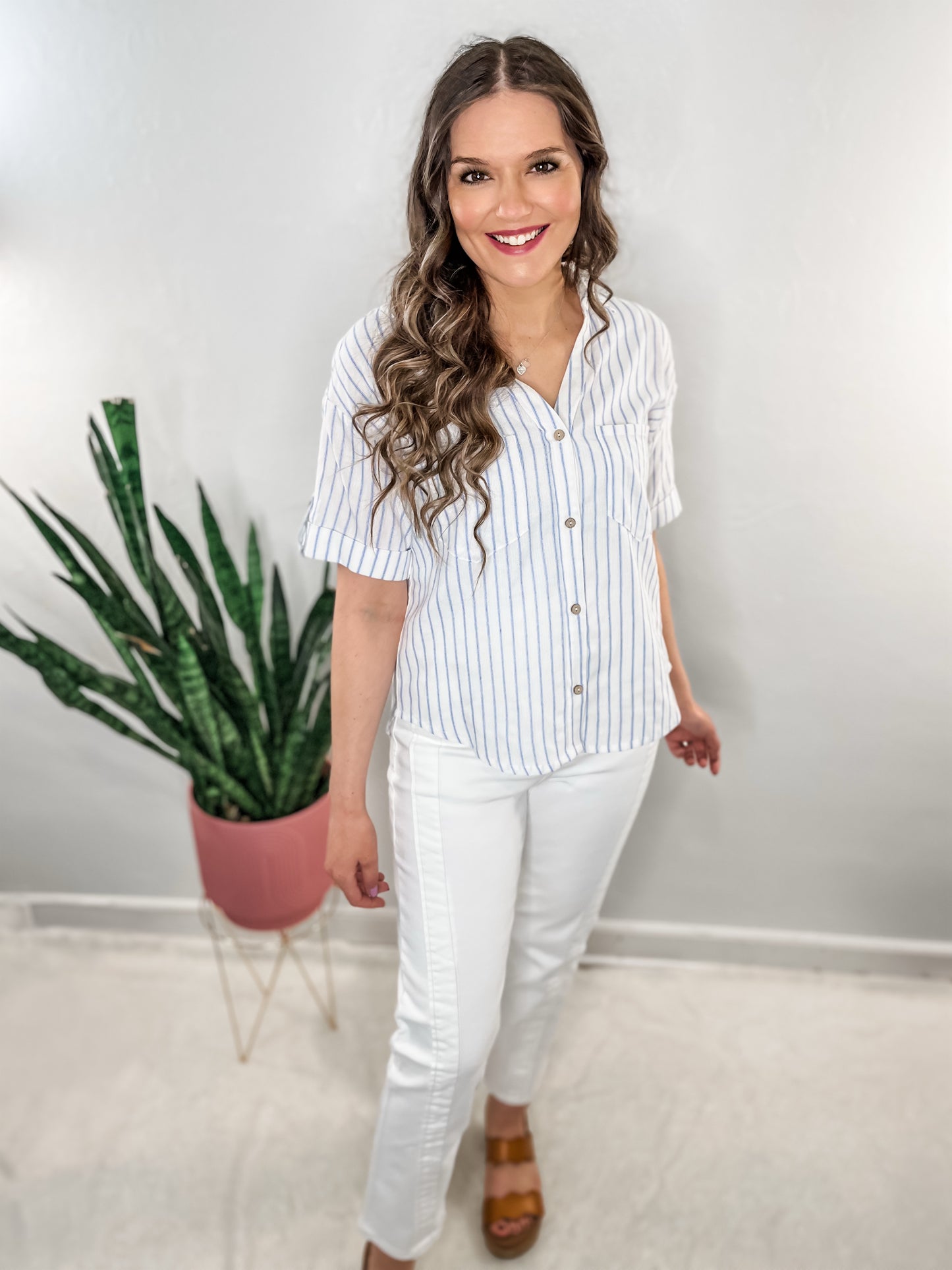 Stripe Short Sleeve Button Down