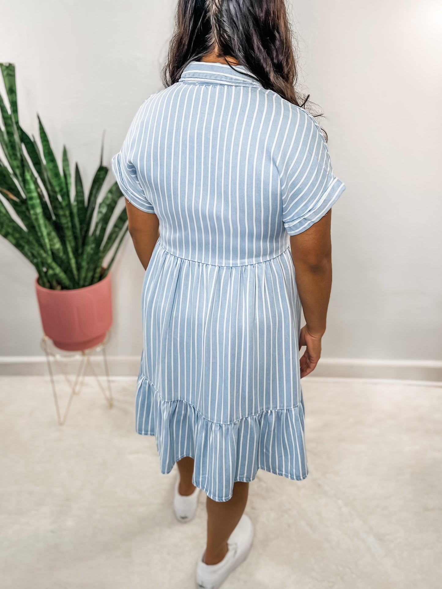Button Down Stripe Chambray Dress