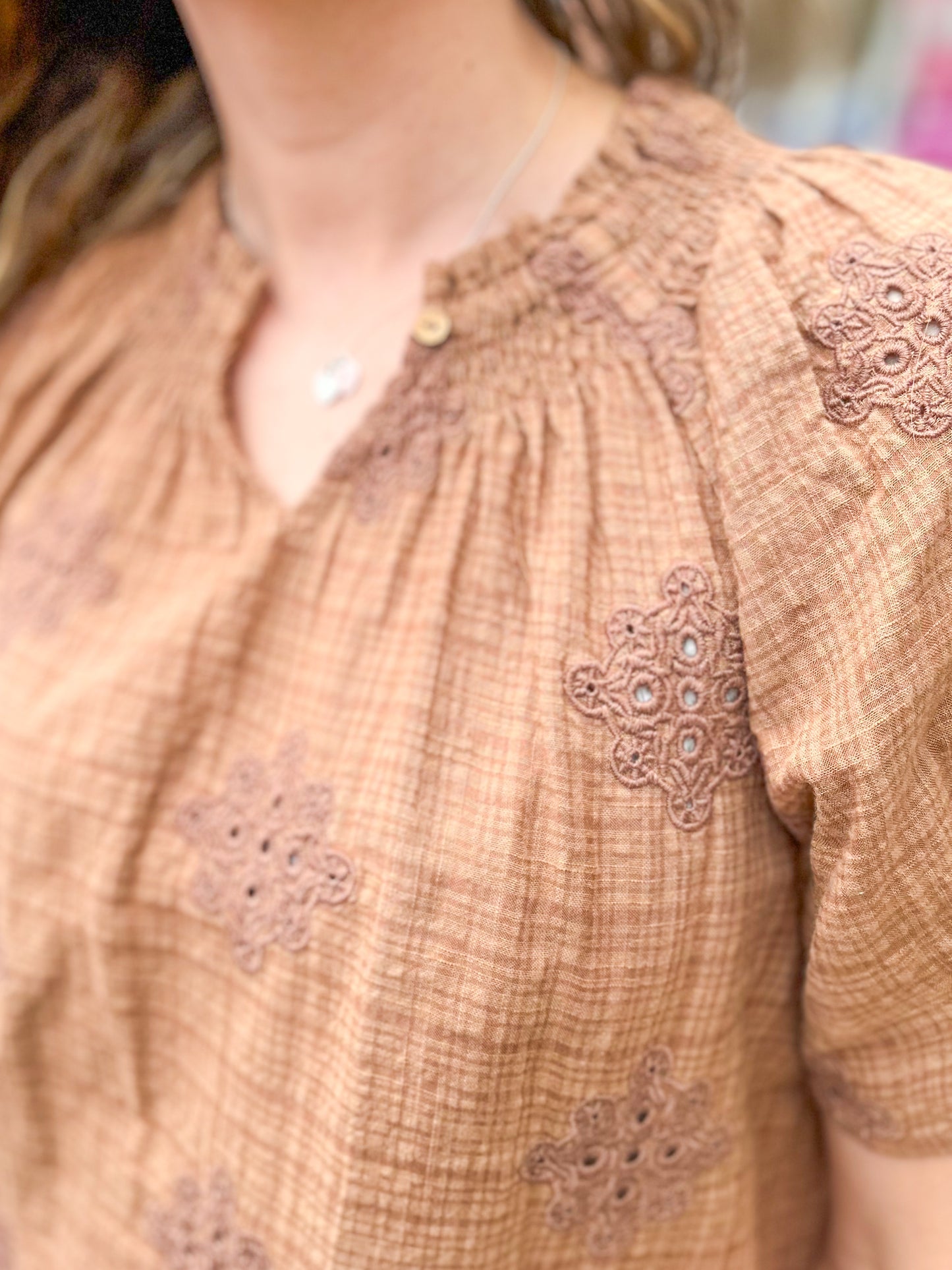 Latte Smocked Eyelet Woven Top