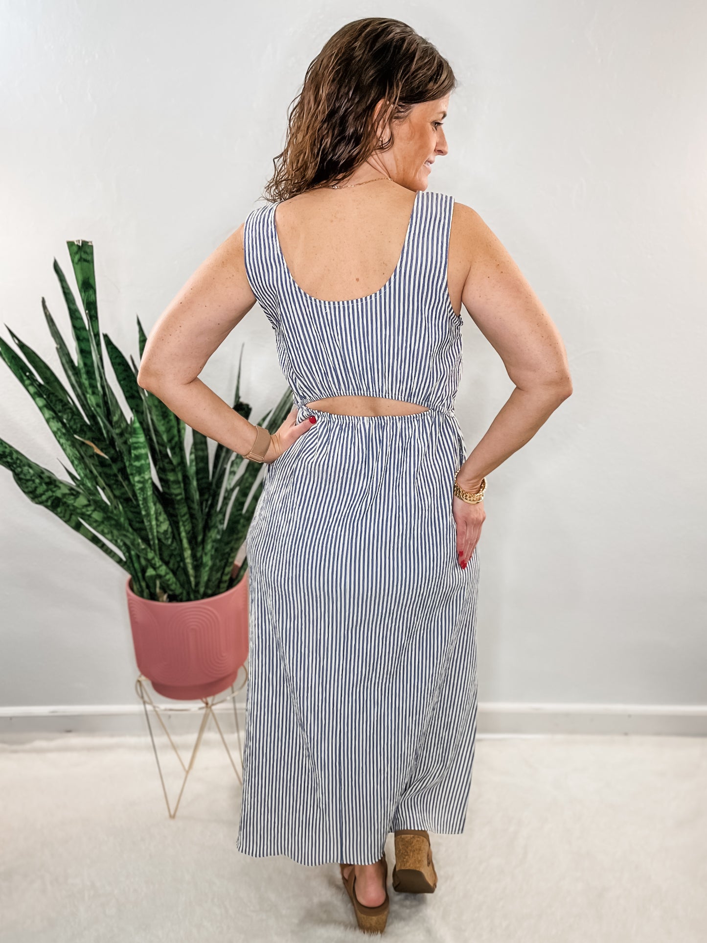 Navy Striped Open Back Dress