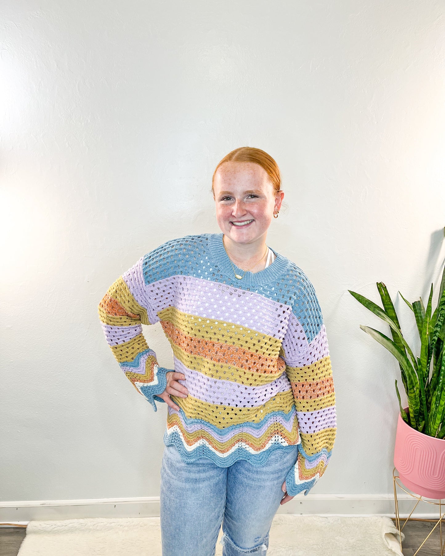 Colorful Wave Knit Scalloped Edge Sweater