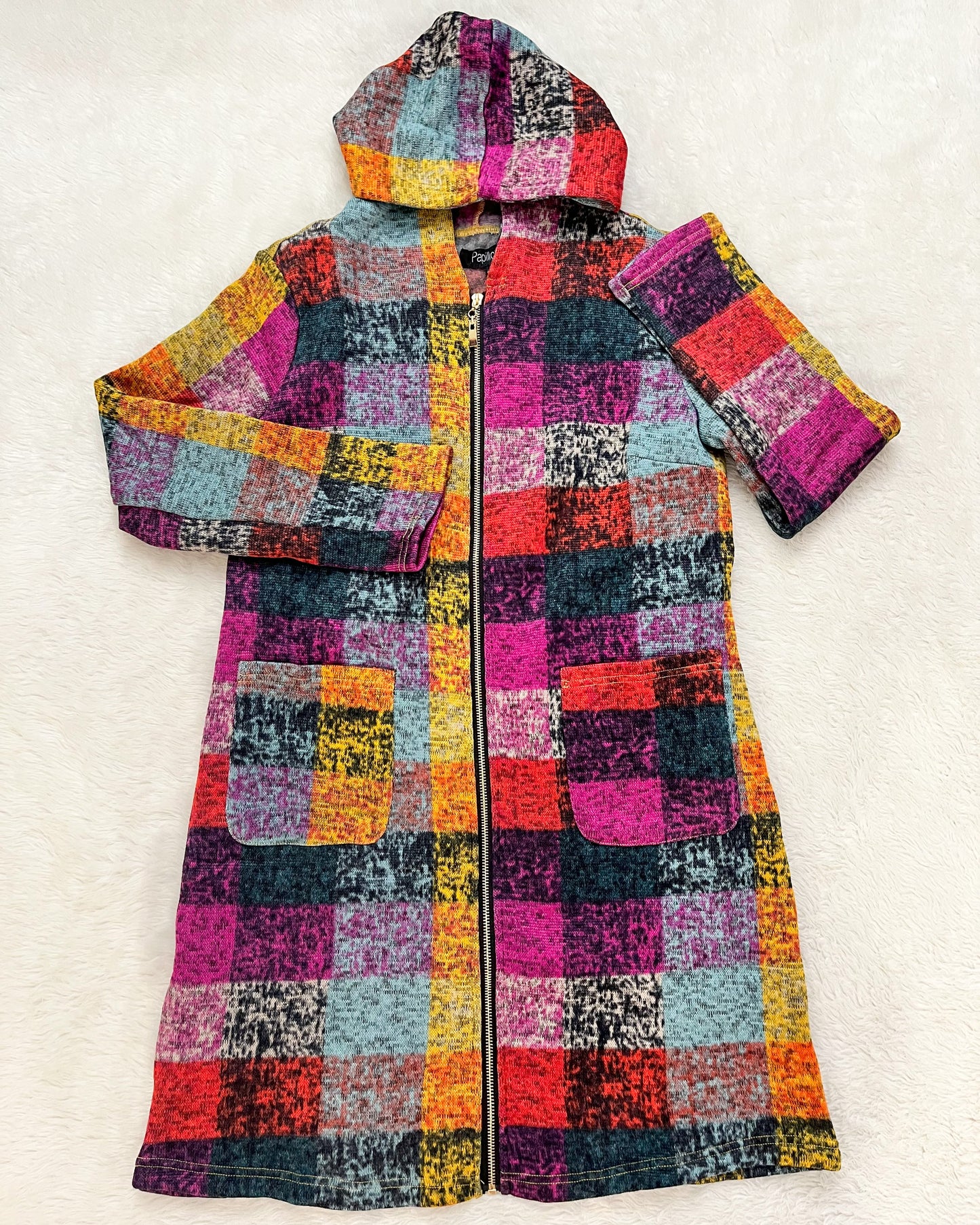 Knitted Multi Colored Plaid Zip Up Jacket