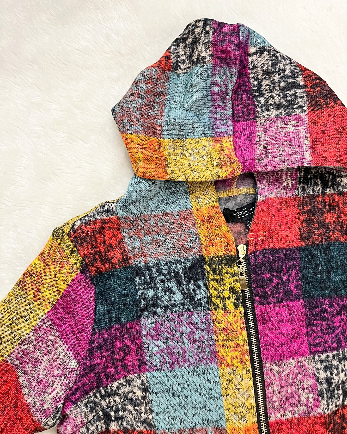 Knitted Multi Colored Plaid Zip Up Jacket