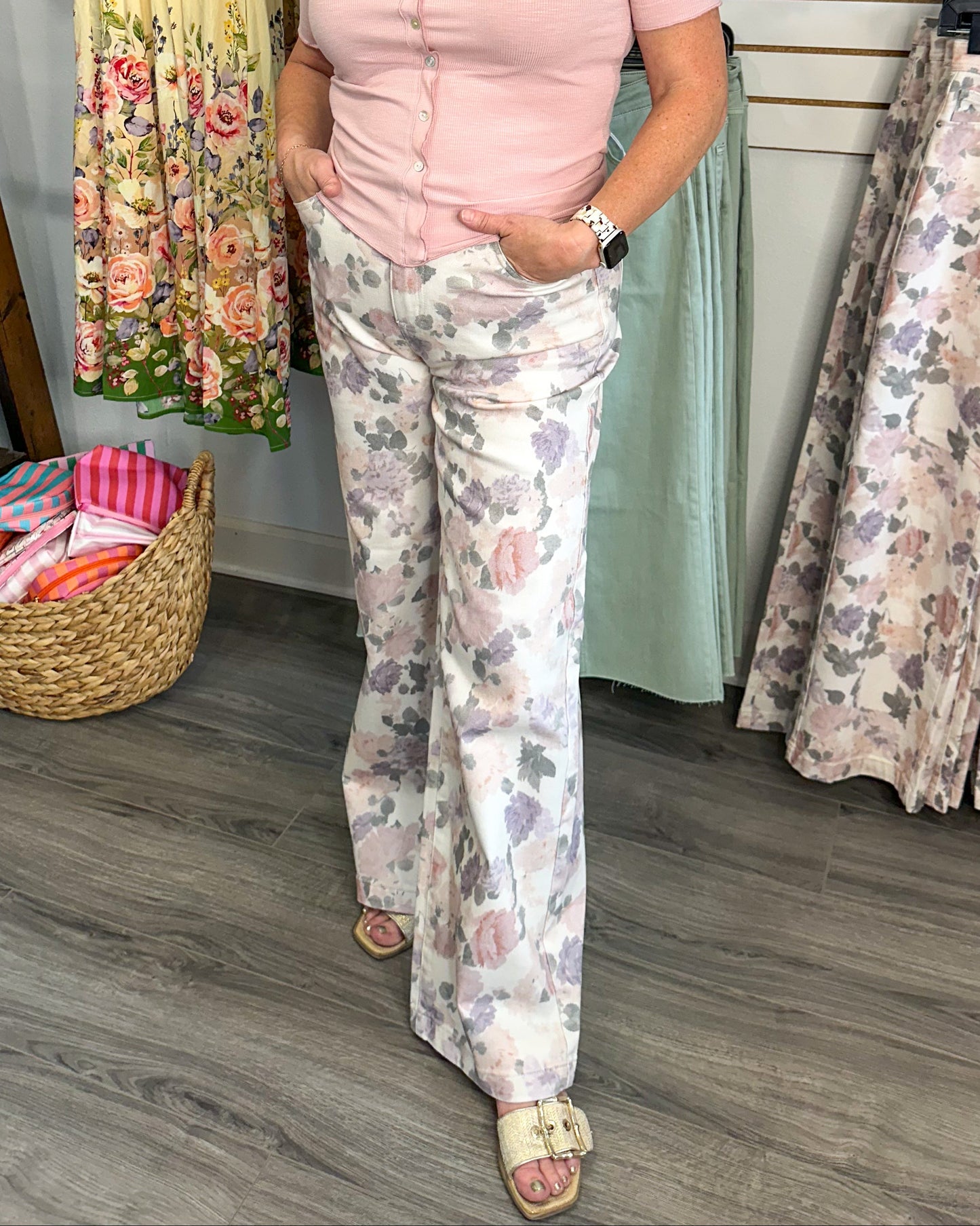 High Rise Wide Straight Floral Print Denim