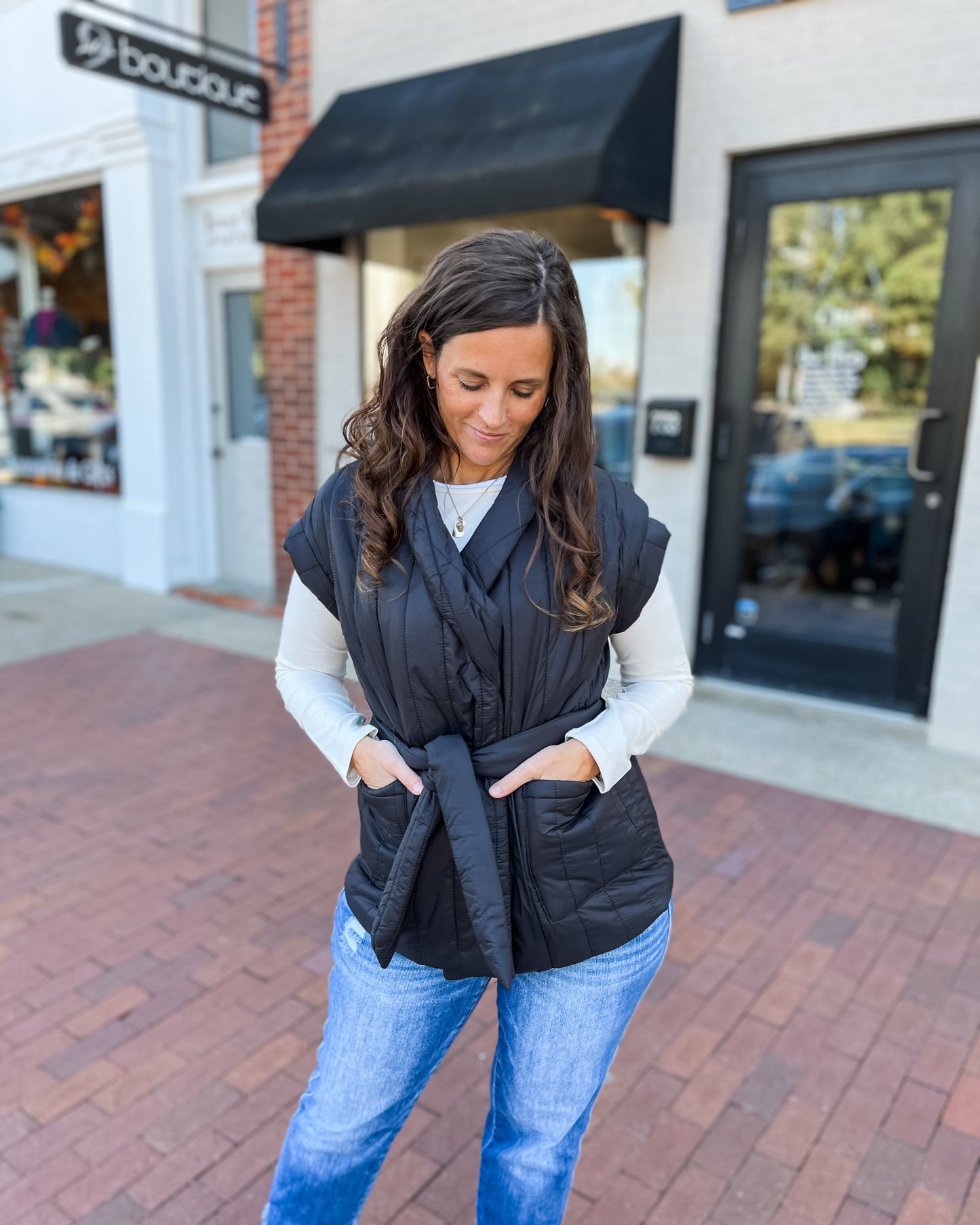 Black Quilted Wrap Belted Vest
