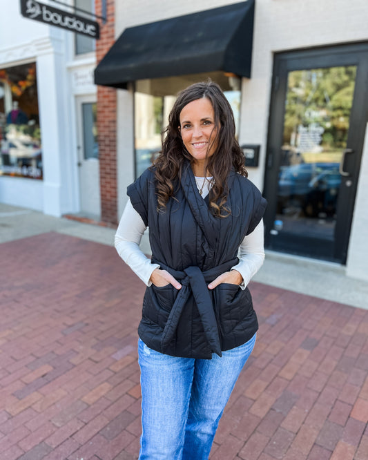 Black Quilted Wrap Belted Vest