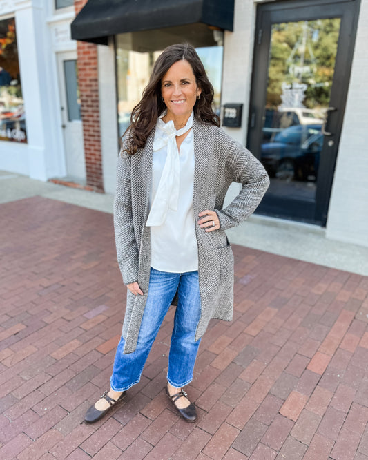 Heathered Brown & Ivory Chevron Open Front Cardigan