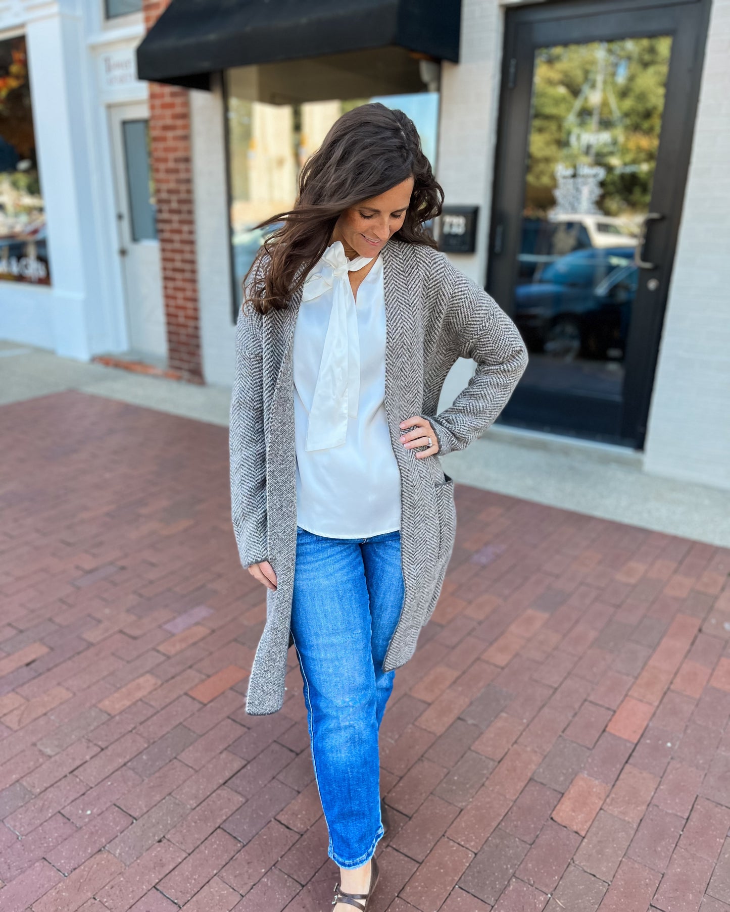 Heathered Brown & Ivory Chevron Open Front Cardigan