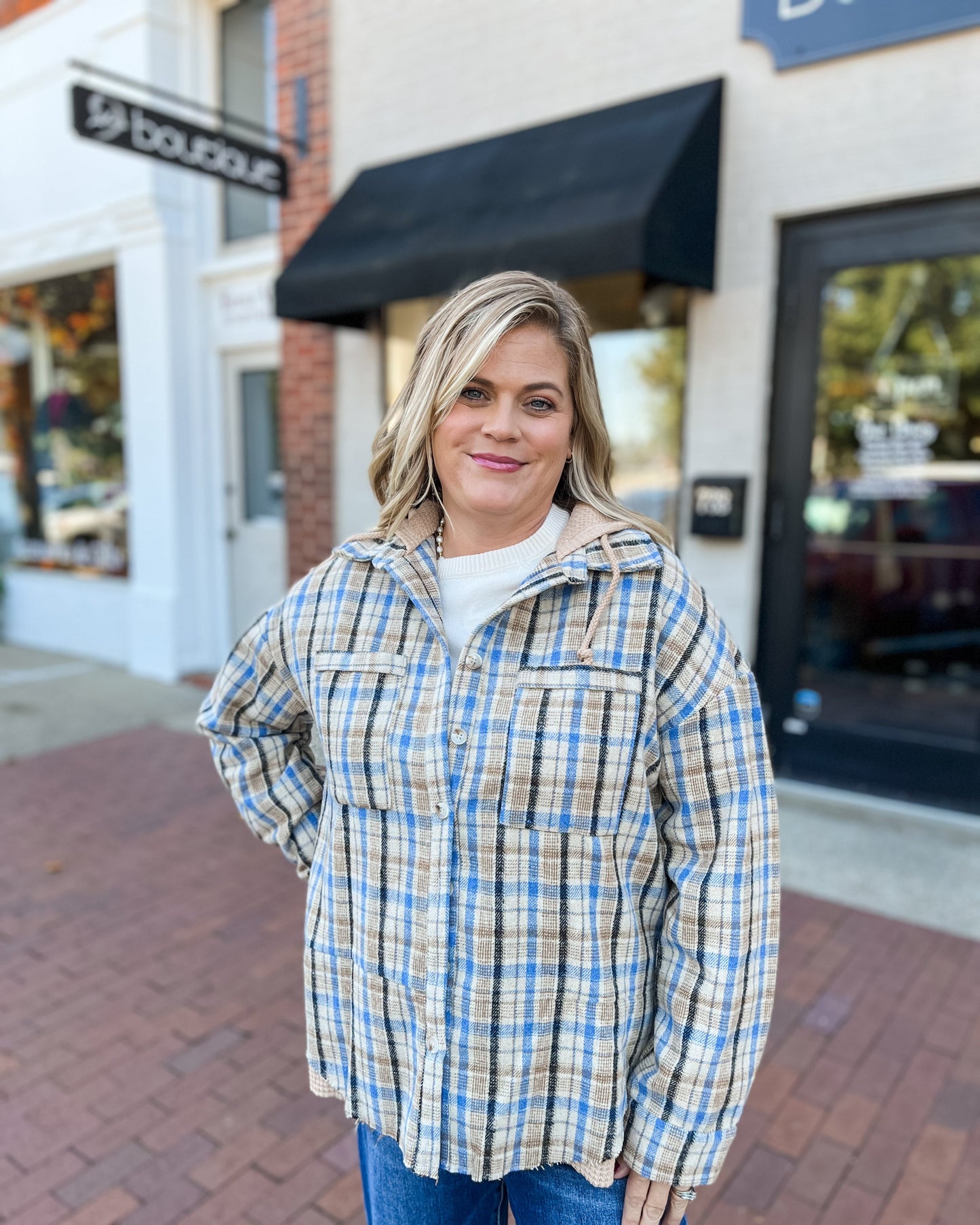 Blue & Ivory Plaid Button Up Flannel Hoodie