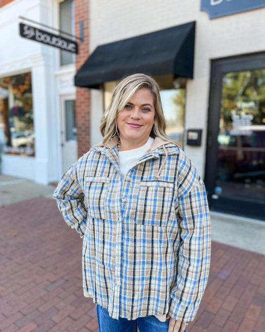 Blue & Ivory Plaid Button Up Flannel Hoodie