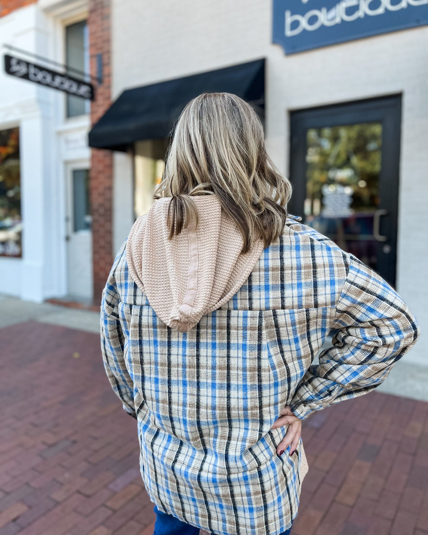 Blue & Ivory Plaid Button Up Flannel Hoodie