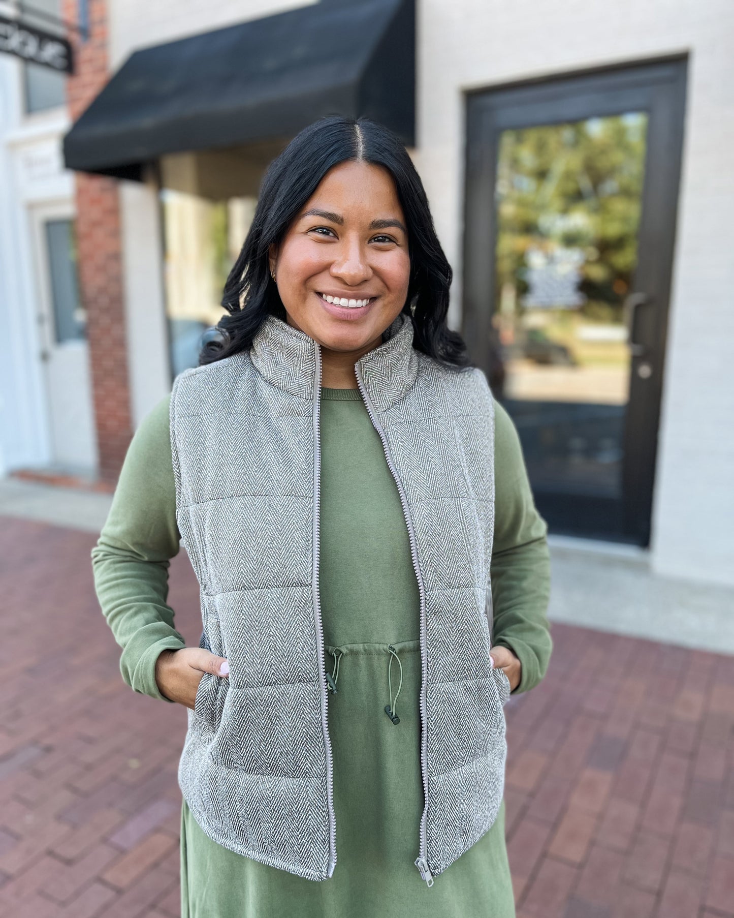 Olive Green & Cream Chevron Puffer Vest
