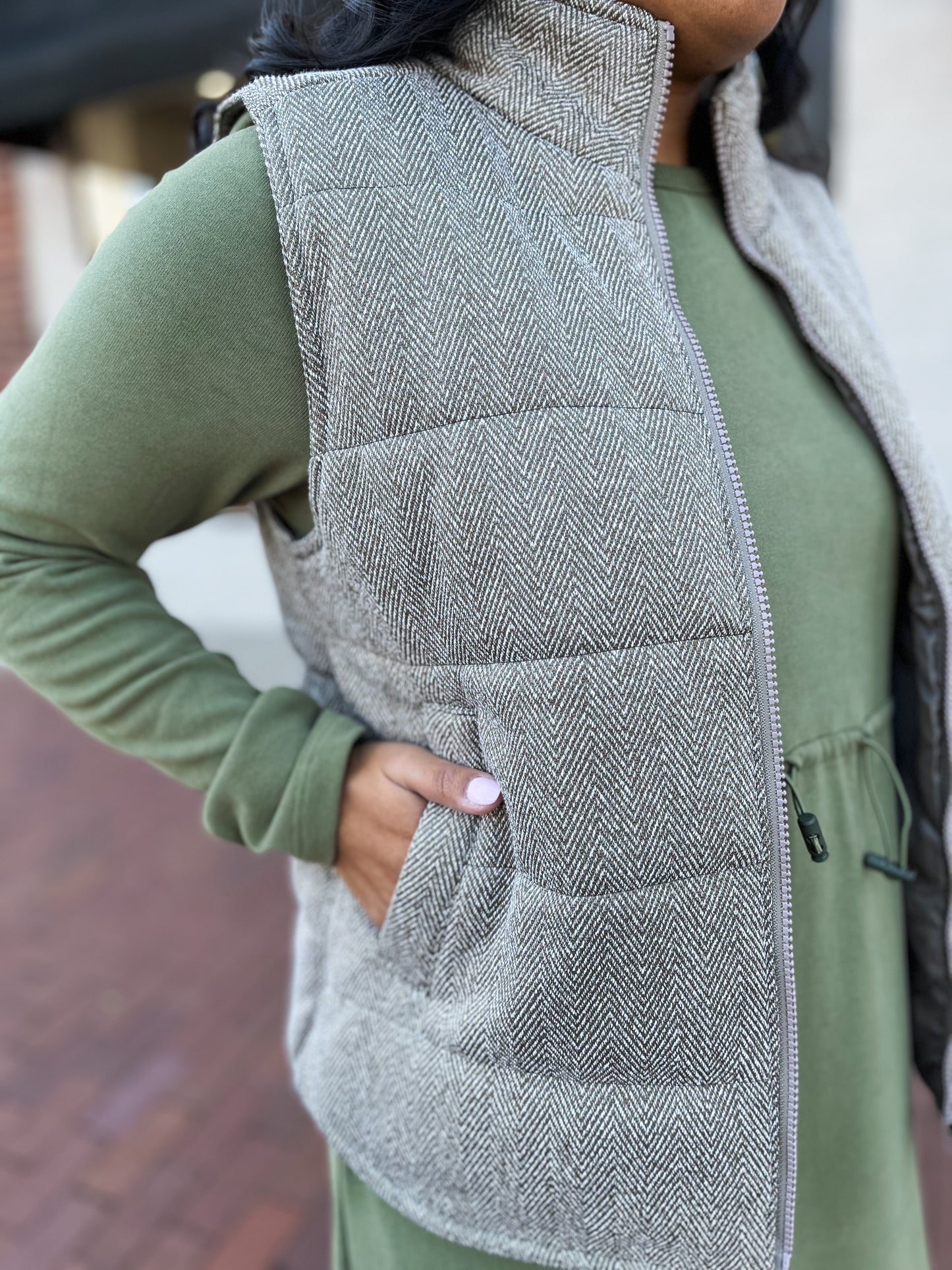 Olive Green & Cream Chevron Puffer Vest