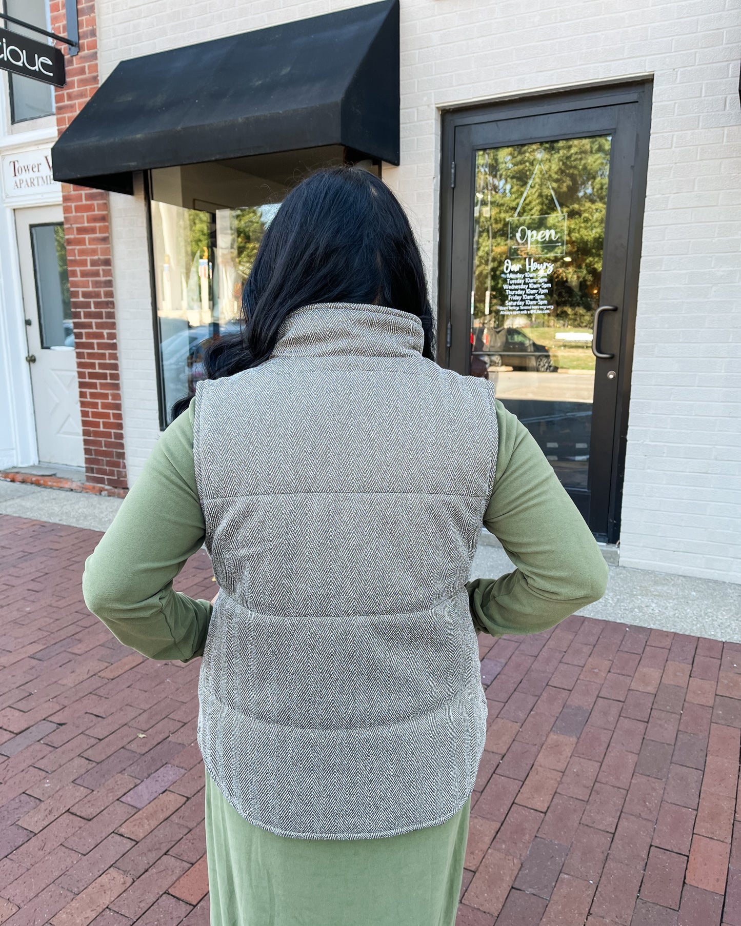 Olive Green & Cream Chevron Puffer Vest