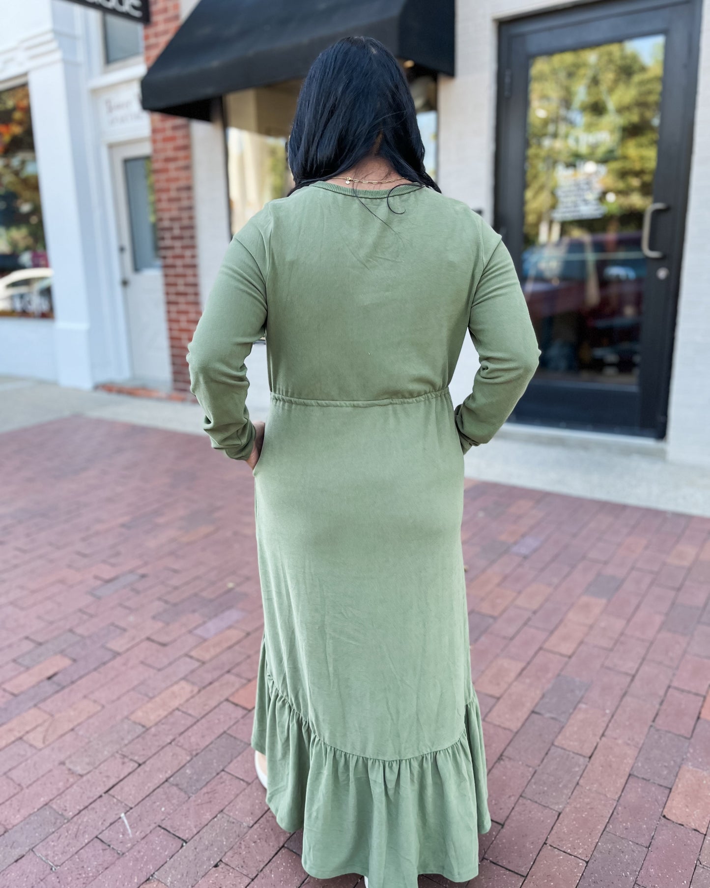 Olive Green Long Sleeve Tiered Maxi Dress