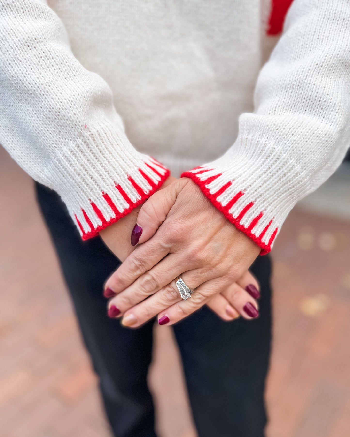 Red Bow & Hem Stitched Crewneck Sweater