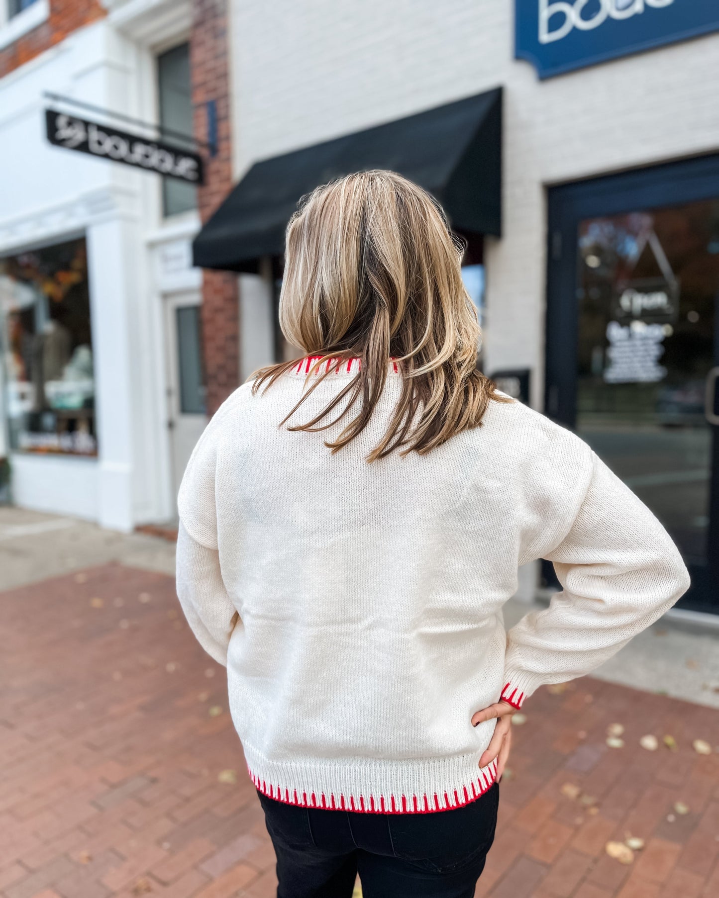 Red Bow & Hem Stitched Crewneck Sweater