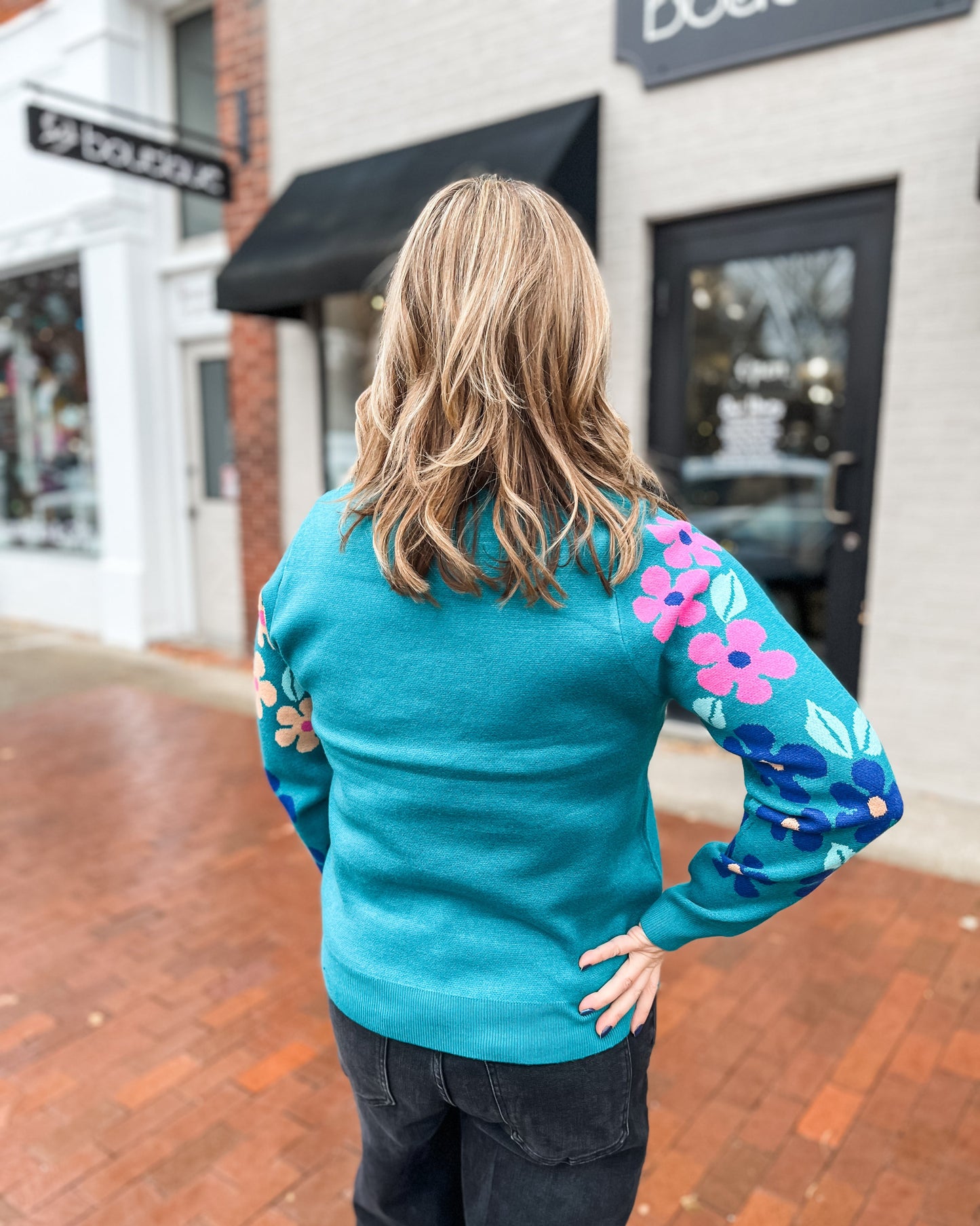 Teal Floral Jacquard Sweater
