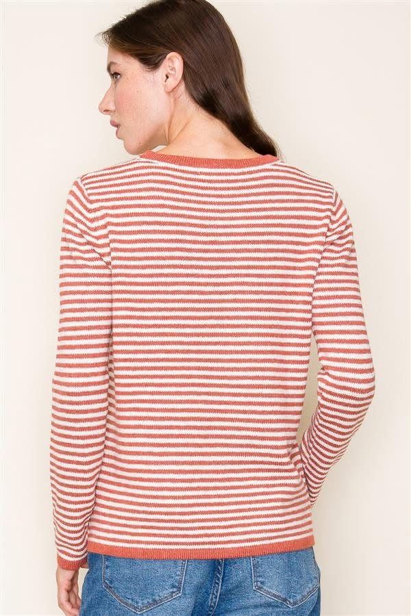 Rust Orange Striped Crew Neck Sweater