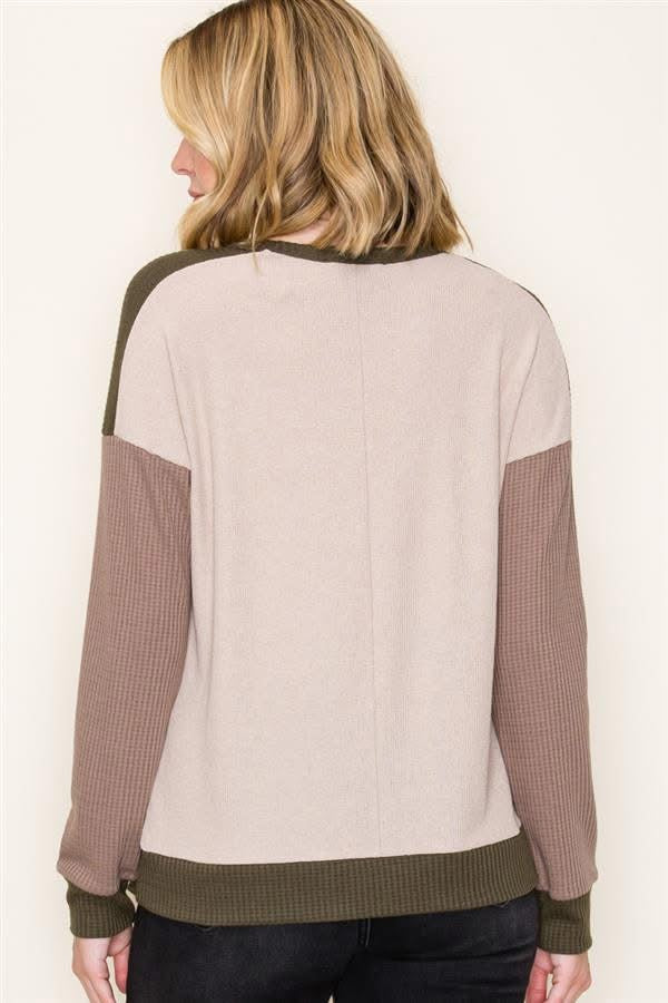 Color Block w/ Olive Green Wide Neck Top